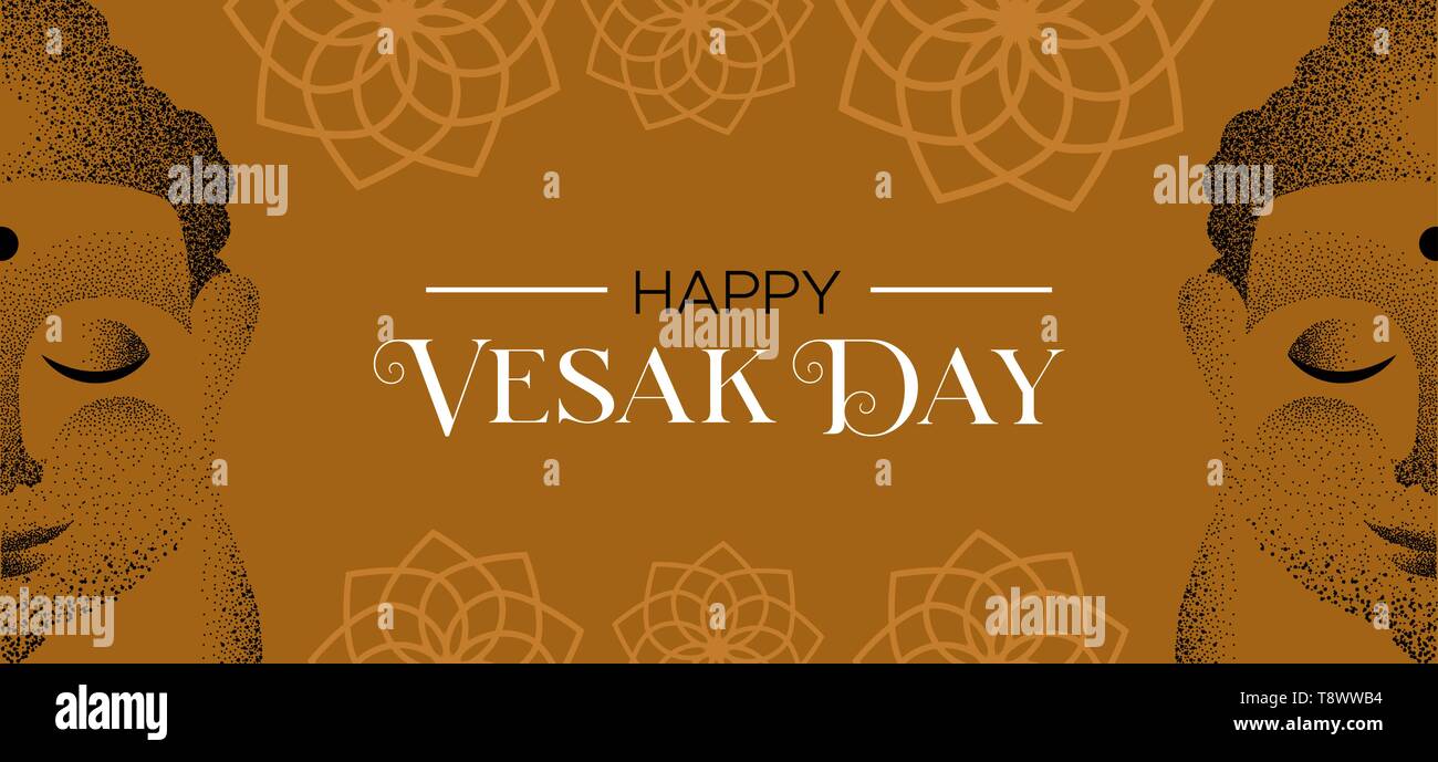 Feliz Día de Vesak ilustración. Buda cara hecha de partículas y flor de loto de fondo para la celebración tradicional hindú. Ilustración del Vector