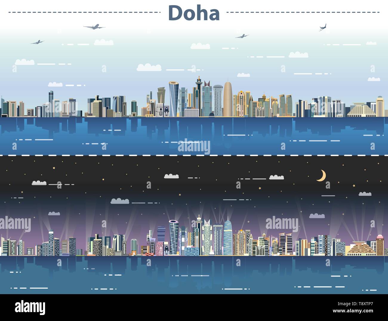 El horizonte de la ciudad de Doha durante el día y la noche ilustración vectorial Ilustración del Vector