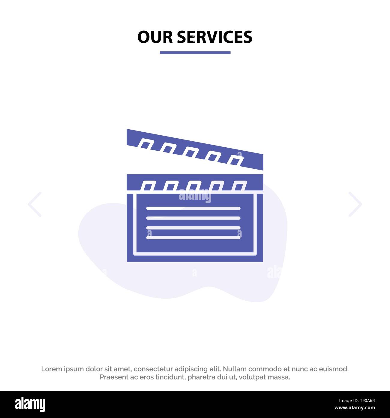 Nuestros servicios estadounidenses, películas, vídeo, Usa glifo sólido Icono Plantilla de tarjeta de Web Ilustración del Vector