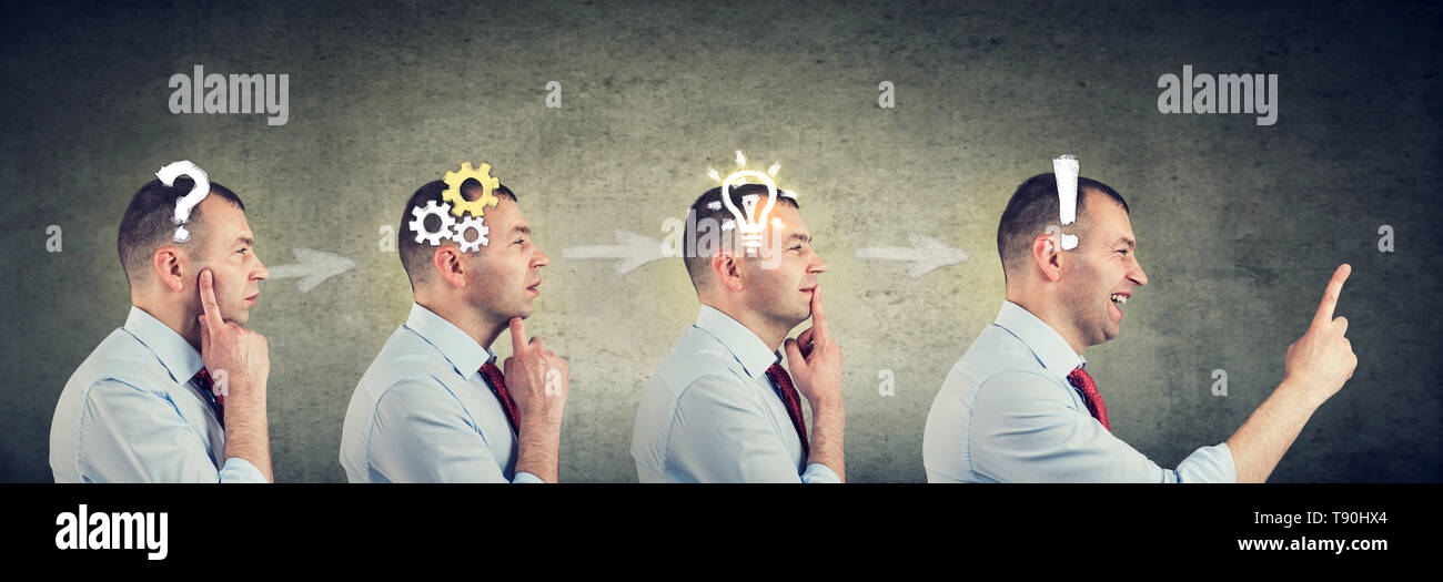 Inteligencia Emocional. Vista lateral de una secuencia, el pensamiento reflexivo, la búsqueda de soluciones, hombre con mecanismo de engranajes, pregunta, exclamación, símbolo de bombilla Foto de stock