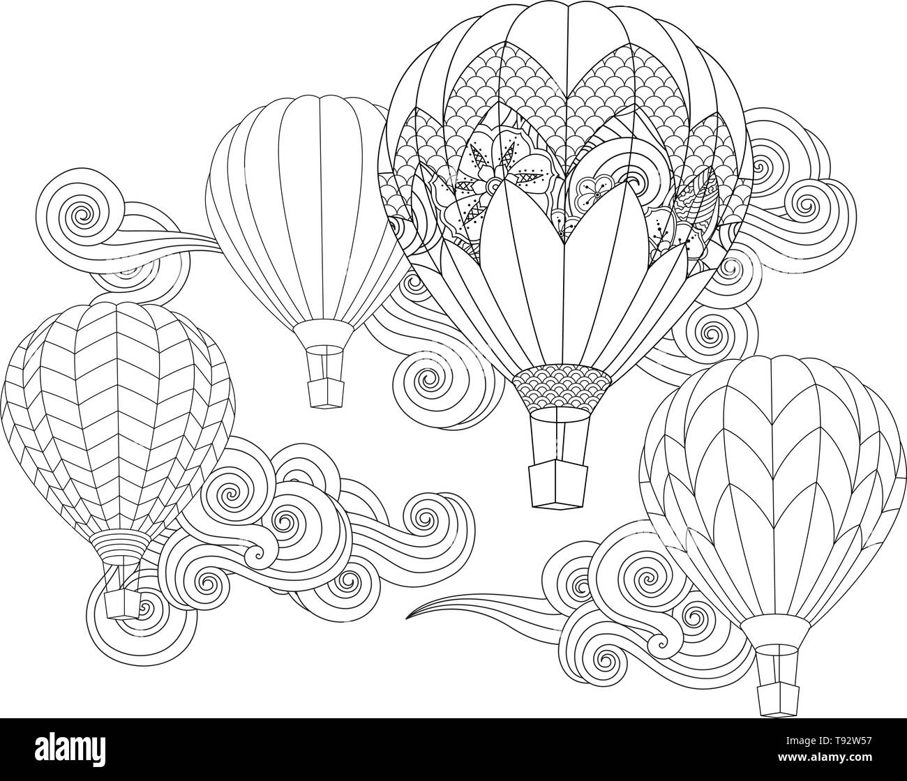 Los Globos De Aire Caliente En El Cielo Estilo Inspirado Zentangle Doodle Aislado En Blanco Imagen Vector De Stock Alamy