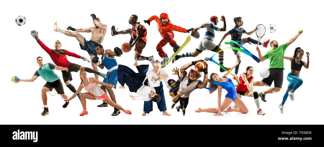 Deporte collage. Tenis, running, badminton, fútbol y fútbol americano,  baloncesto, balonmano, voleibol, boxeo, MMA fighter y jugadores de rugby.  Colocar las mujeres y hombres de pie sobre fondo blanco Fotografía de stock  -