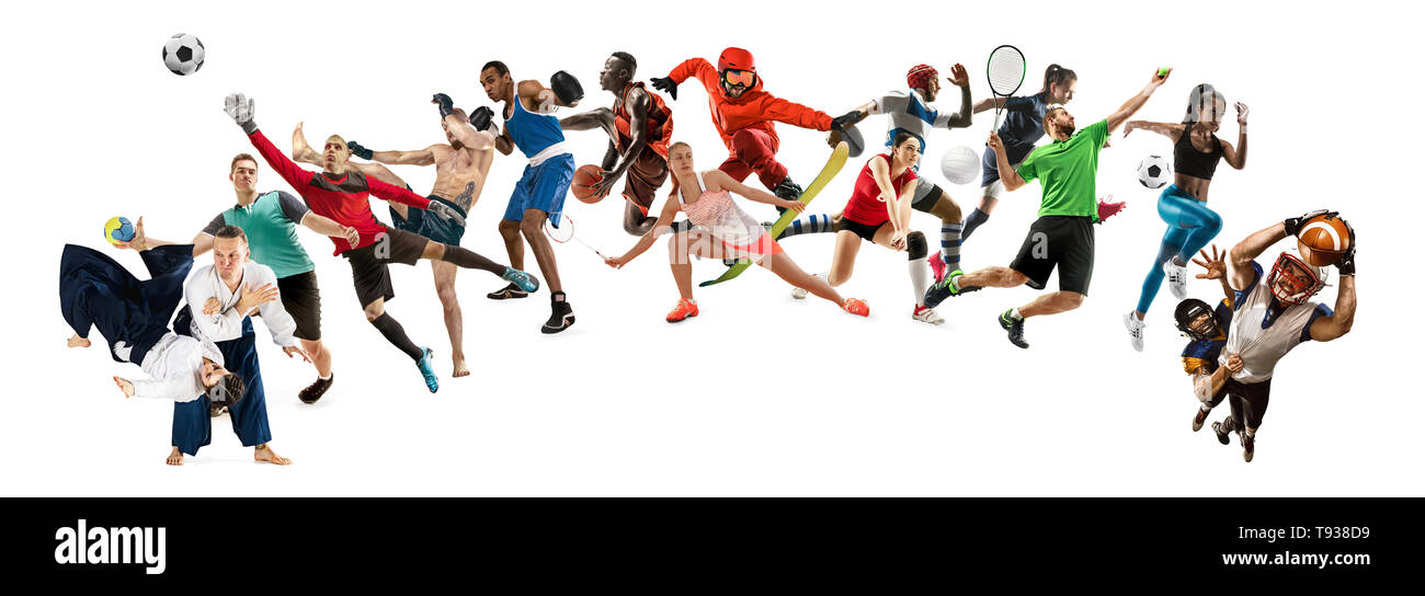 Deporte collage. Tenis, running, badminton, fútbol y fútbol americano,  baloncesto, balonmano, voleibol, boxeo, MMA fighter y jugadores de rugby.  Colocar las mujeres y hombres de pie sobre fondo blanco Fotografía de stock  -