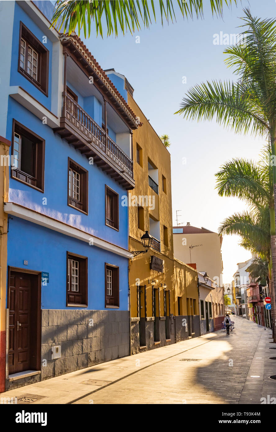 Tenerife. Coloridas casas y palmeras en la calle en la ciudad Puerto de la  Cruz, Tenerife, Islas Canarias, España Fotografía de stock - Alamy