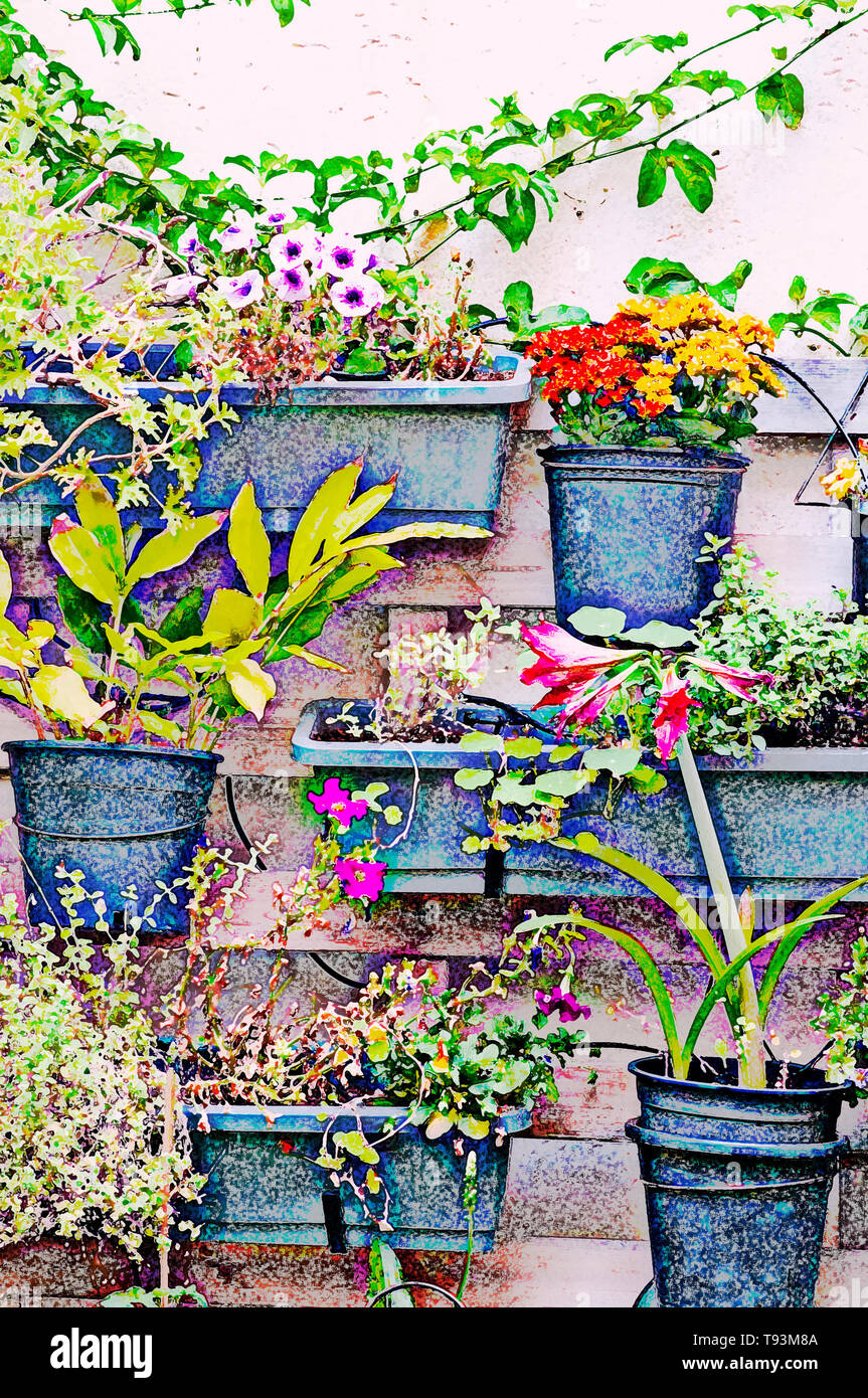 Imagen mejorada digitalmente de un colorido jardín vertical en pared. las macetas con plantas en una matriz vertical en una pared. Foto de stock