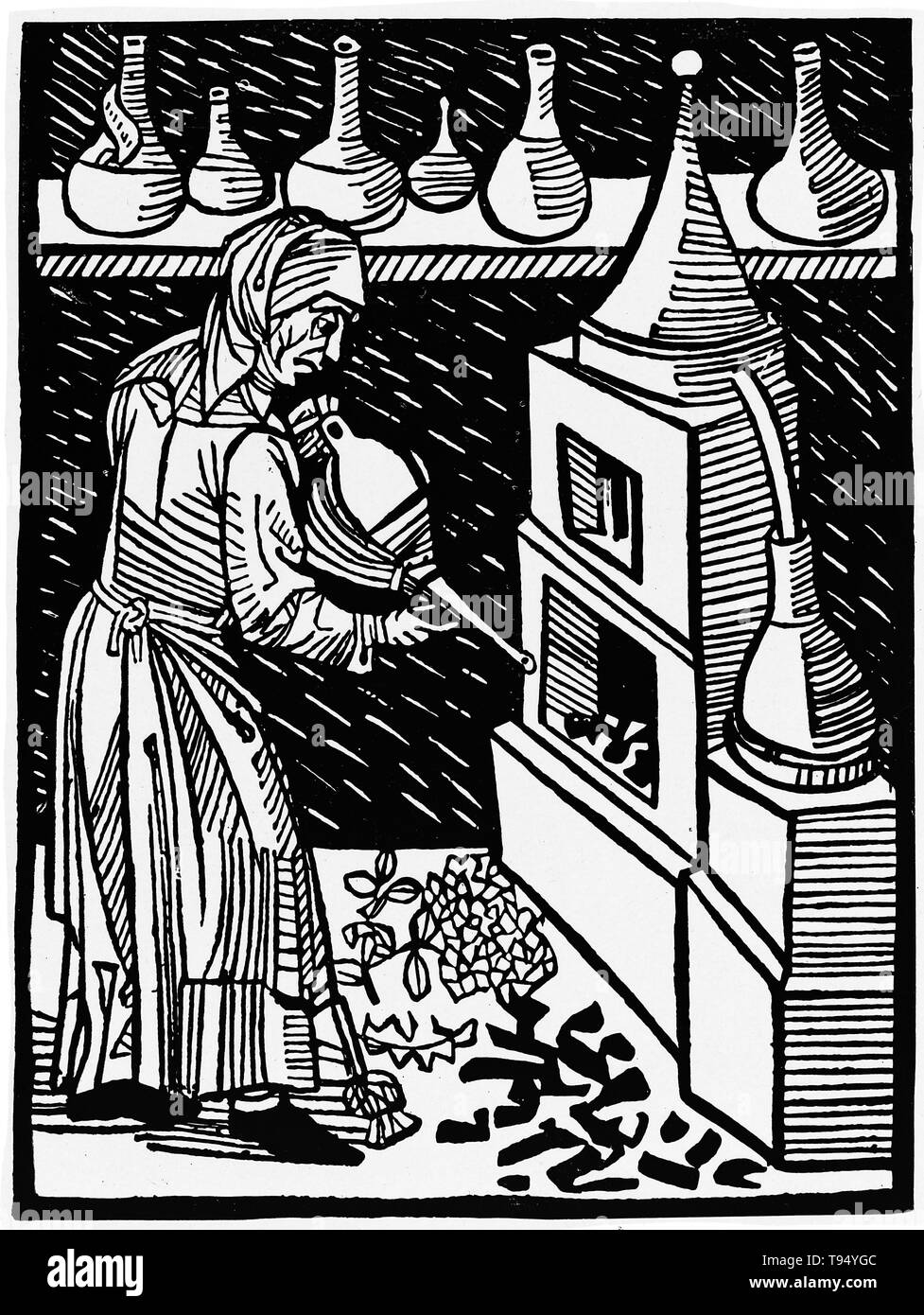 La destilación alquímica, 1475. Foto de stock