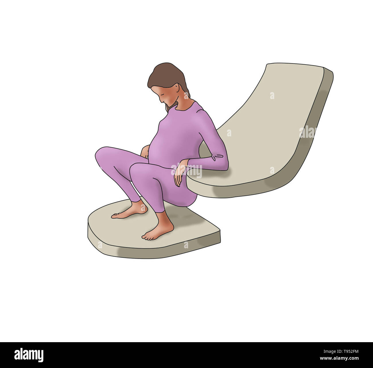 Ilustración que muestra a una mujer en la posición de cuclillas durante el parto. Foto de stock