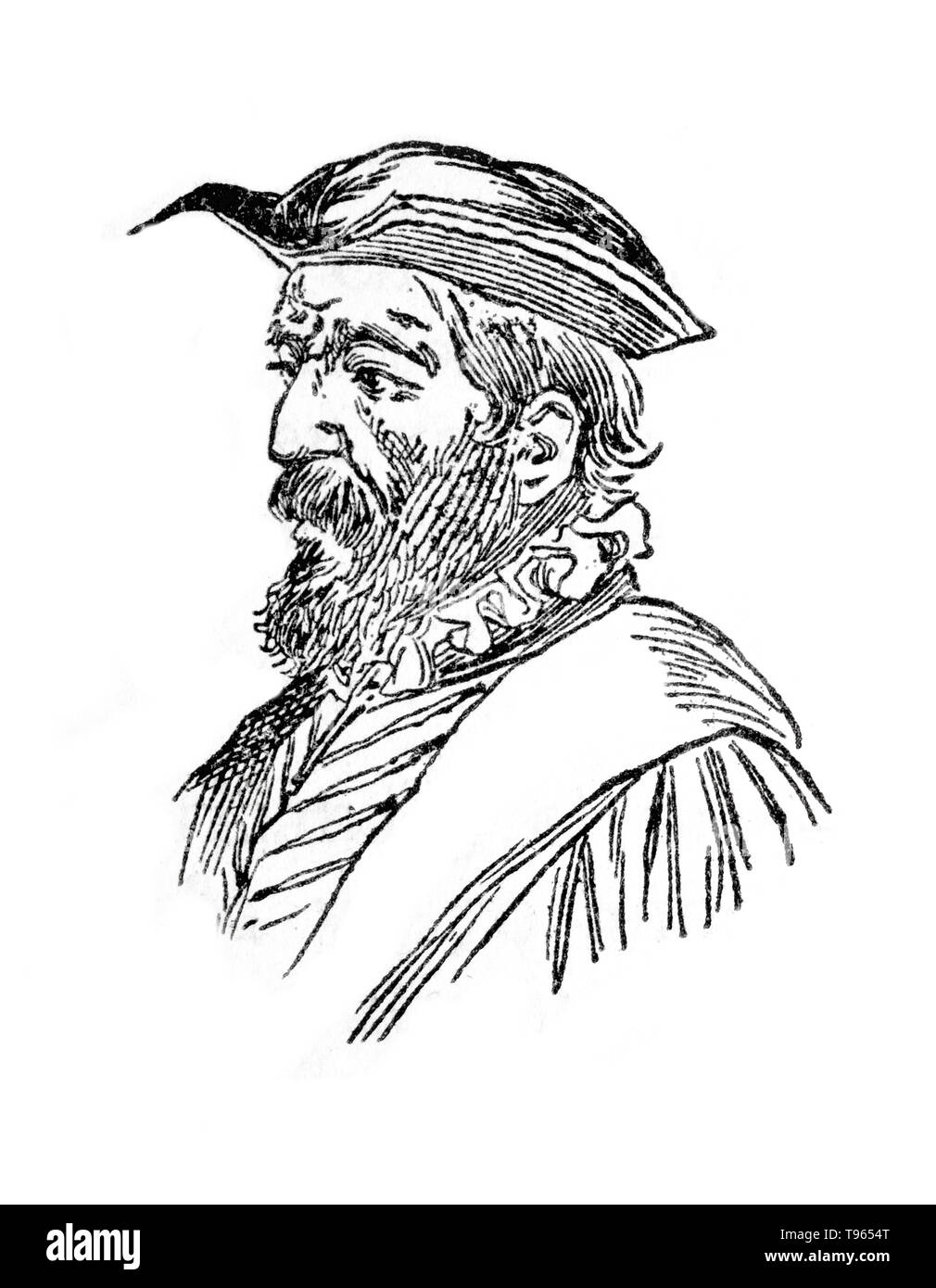 Retrato de Vicente Yanez Pinzon, constructor naval español y explorador. Dibujo del libro Enciclopedia Autodidactica publicado Foto de stock