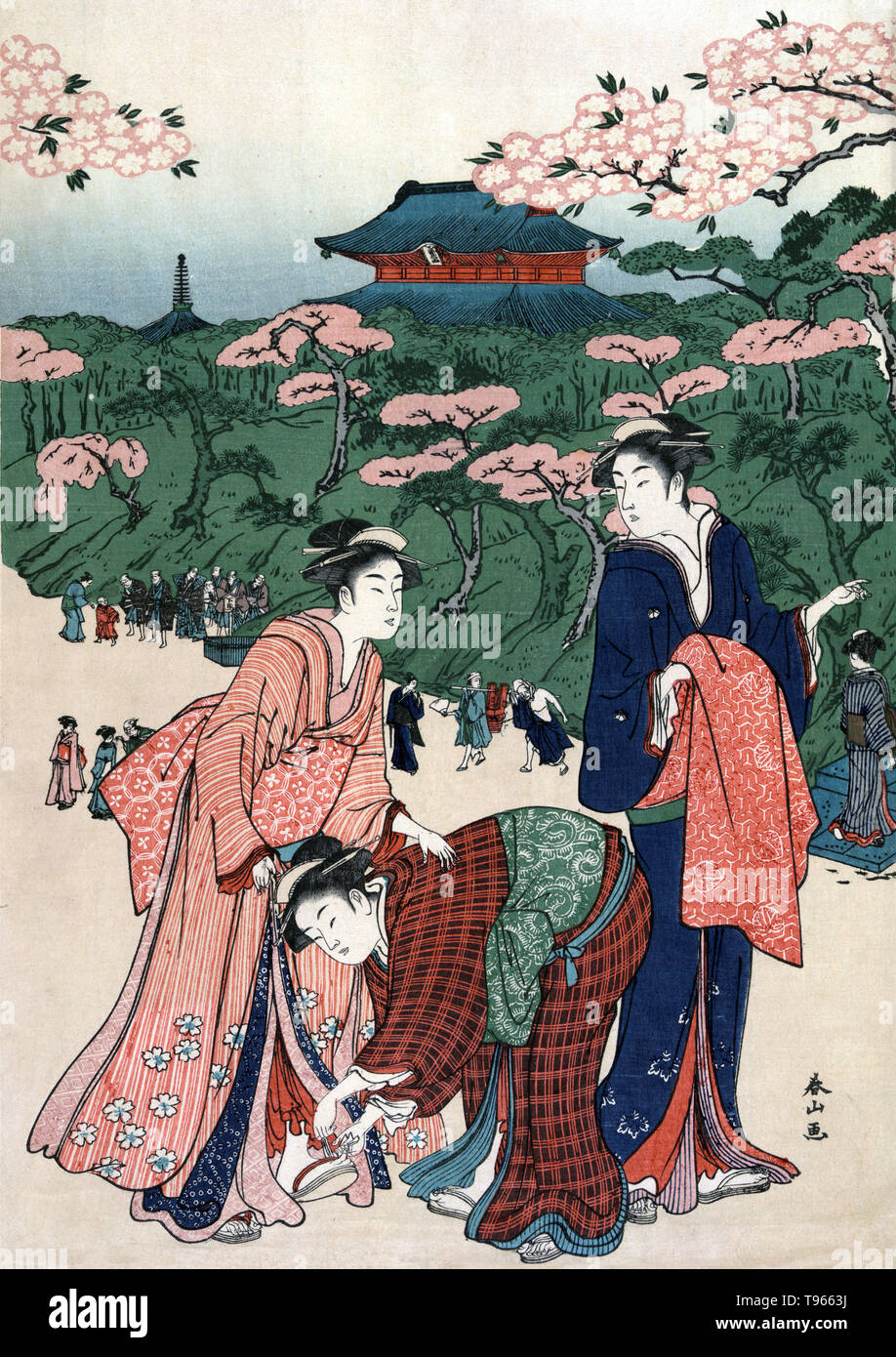 Ueno no hanami. Hanami en Ueno. Impresión muestra grupos de mujeres viendo los cerezos en flor en el parque de Ueno. Una flor de cerezo (comúnmente conocido en Japón como sakura) es la flor de cualquiera de varios árboles del género Prunus, particularmente el Prunus serrulata, cerezo japonés. Foto de stock
