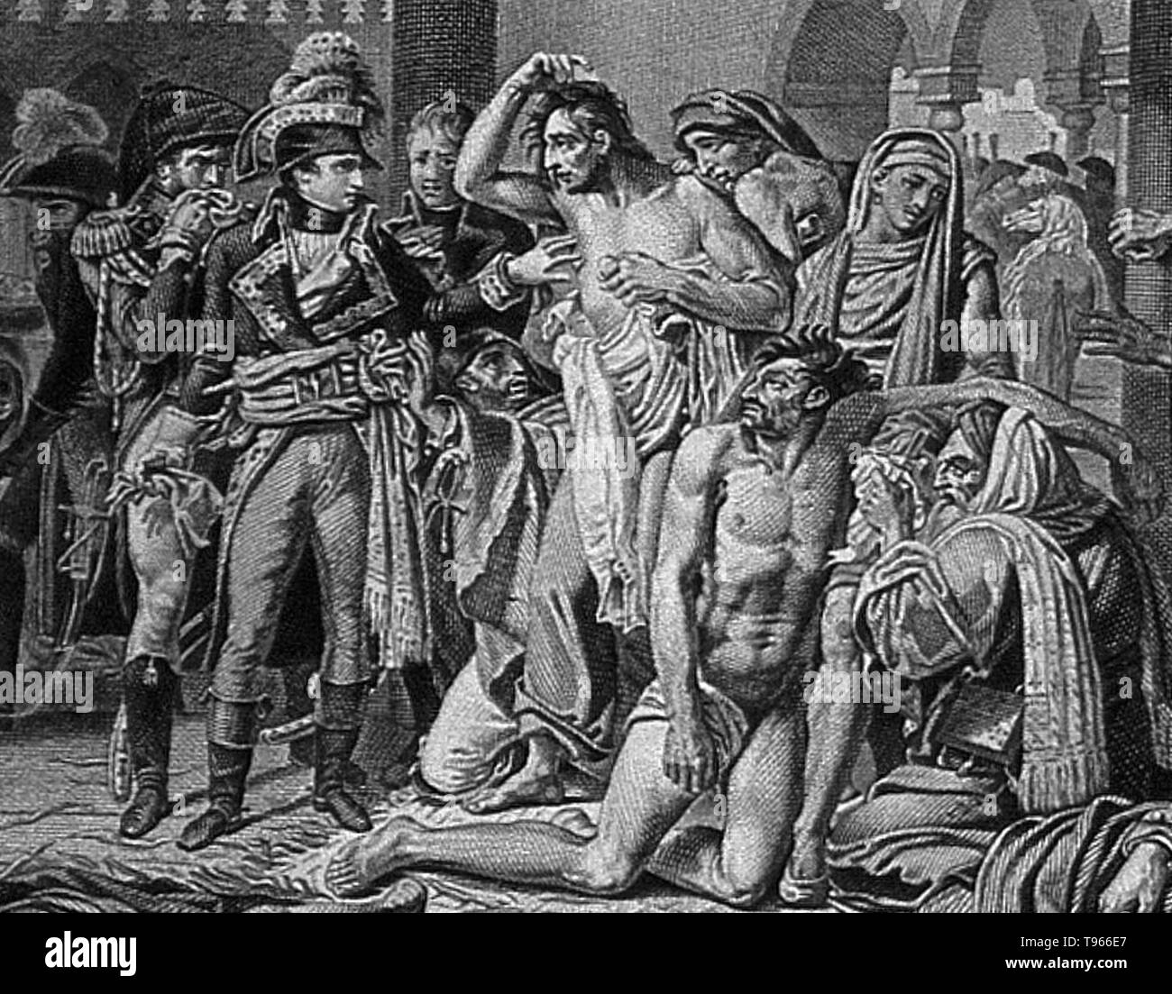Visita por Napoleón Bonaparte a los apestados de Jaffa, Egipto, en 1799. Los pacientes rodean a Napoleón, en el patio del hospital. Napoleón Bonaparte (15 de agosto de 1769 - 5 de mayo de 1821) fue un líder político y militar francés durante las últimas etapas de la Revolución Francesa. Como Napoleón I, él era emperador de los franceses de 1804 a 1815. Foto de stock