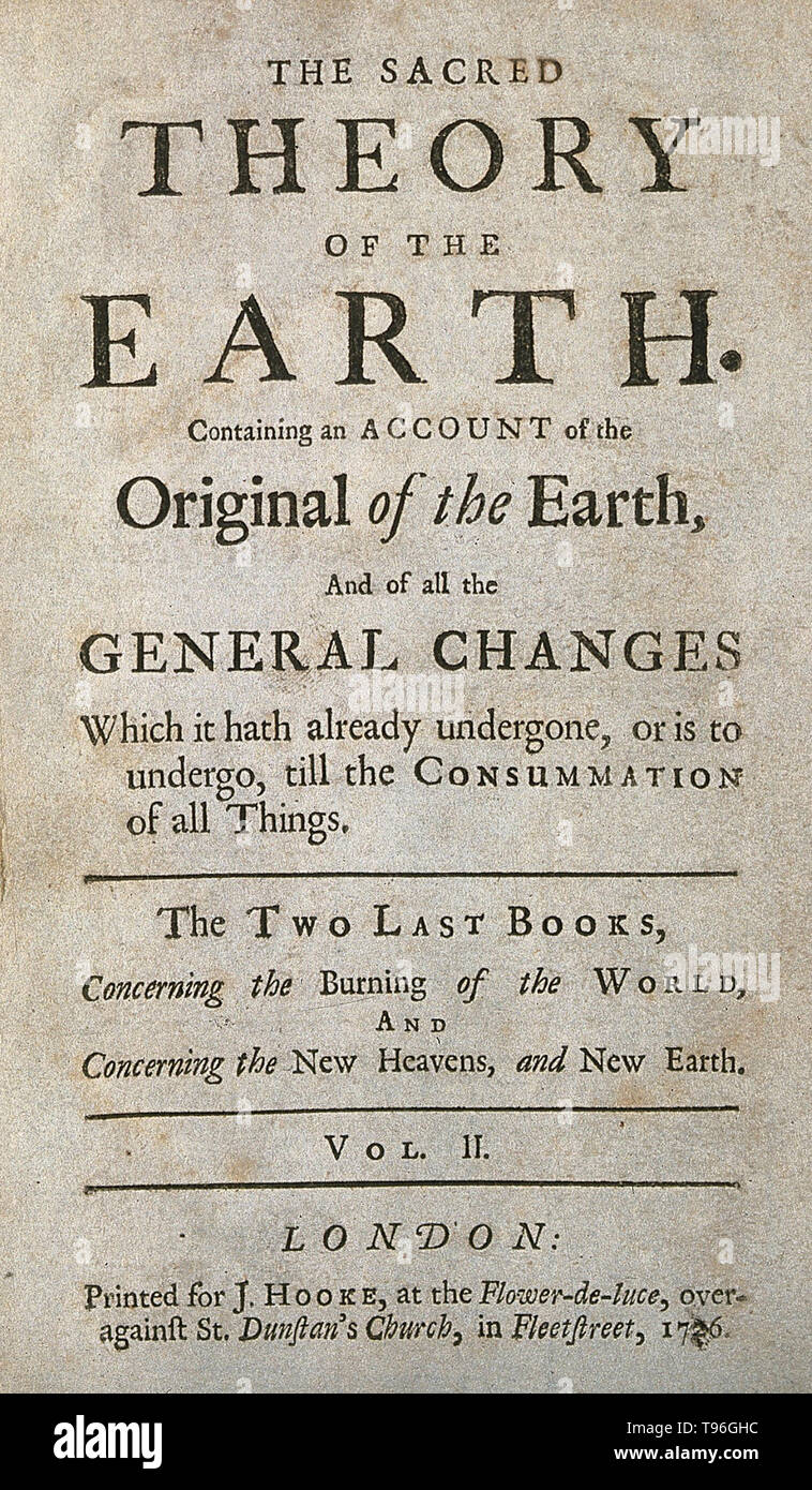 Thomas Burnet (1635 - 27 de septiembre de 1715) fue un teólogo y escritor inglés sobre la cosmogonía. Su obra más conocida es su Telluris Theoria Sacra, o teoría sagrada de la tierra. La primera parte fue publicada en 1681 en latín y en su traducción al inglés en 1684; la segunda parte apareció en 1689 (1690 en inglés). Fue una cosmogonía especulativo, en que Burnett sugirió una tierra hueca con la mayoría del agua interior hasta que el Diluvio de Noé, momento en el que las montañas y los océanos apareció. Foto de stock