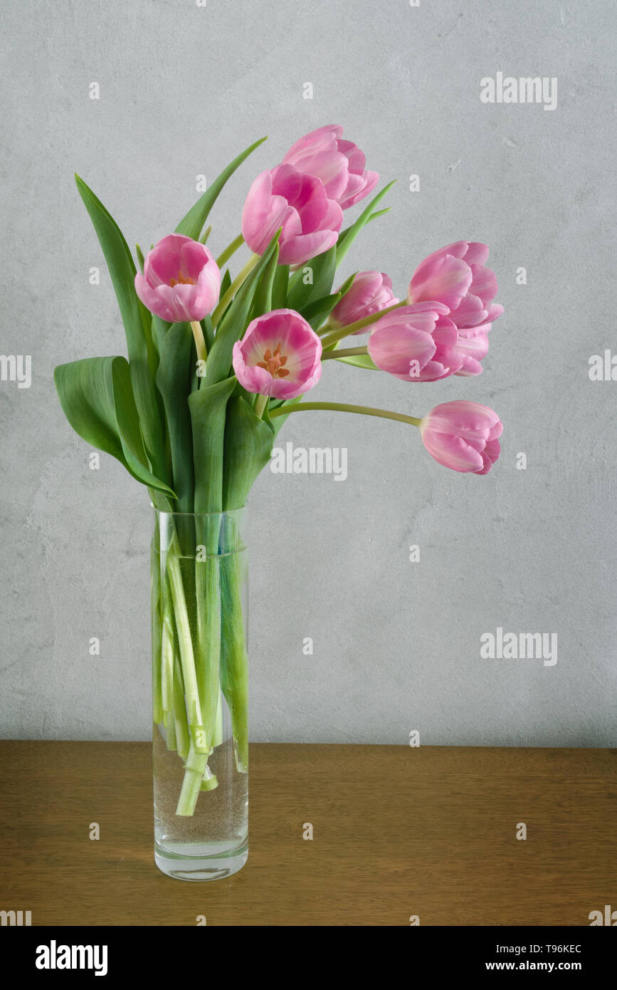 Ramo de tulipanes rosa en un jarrón delante de pared gris Foto de stock