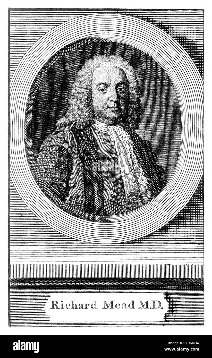 Richard Mead (11 de agosto de 1673 - 16 de febrero de 1754) fue un médico inglés. Su mecánica de venenos cuenta apareció en 1702 y, en 1703, fue admitido en la Royal Society. Asistió a la Reina Anne en su lecho de muerte, y en 1727 fue nombrado médico George II. Mientras que en el servicio del rey, Mead se involucró en la creación de una nueva caridad, los expósitos, tanto el gobernador como fundador y consejero en todos los aspectos de la medicina. Foto de stock