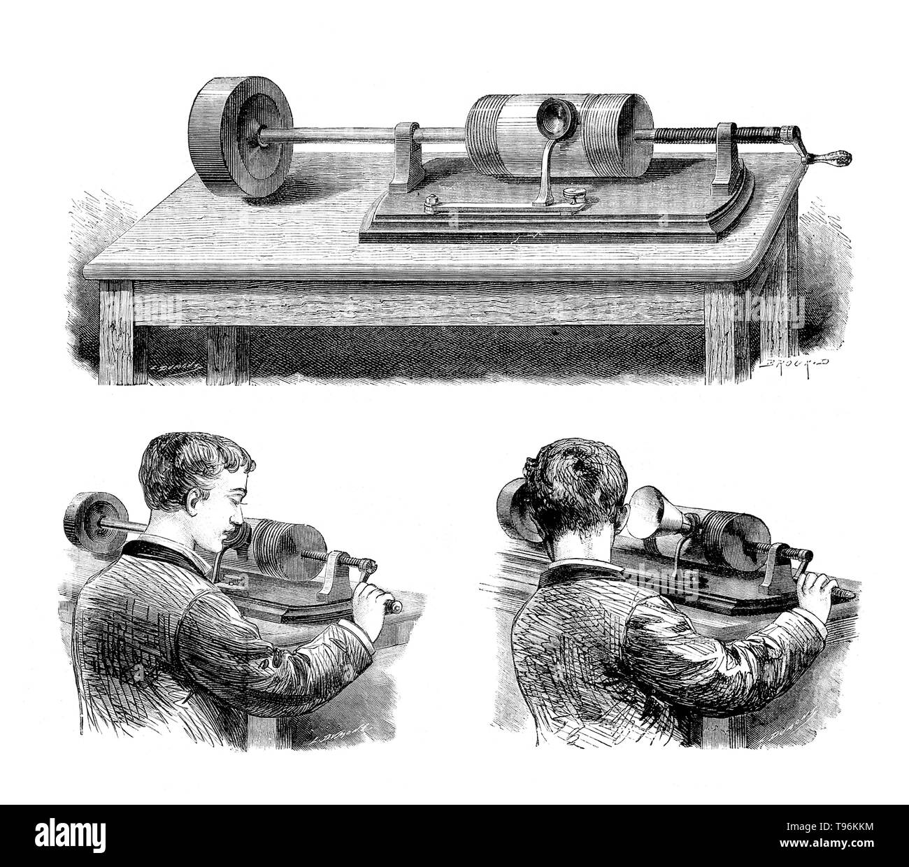 Grabador de cilindros de cera de Edison (fonógrafo). El fonógrafo fue inventado en 1877 por Thomas Edison. Mientras otros inventores había producido dispositivos que pueden grabar sonidos, el fonógrafo de Edison fue el primero en ser capaz de reproducir el sonido grabado. Su fonógrafo originalmente grabado el sonido en una hoja tinfoil envuelto alrededor de un cilindro giratorio. Un lápiz para responder a las vibraciones del sonido producido un o una colina arriba y abajo y dale la ranura en la lámina. Foto de stock