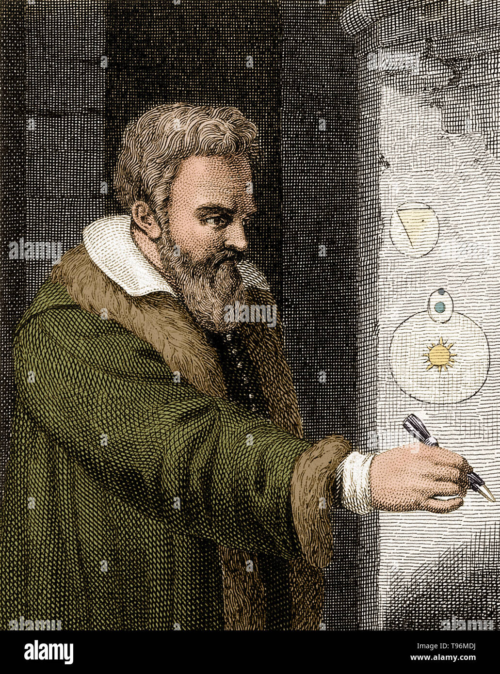 Galileo Galilei (15 de febrero de 1564 - 8 de enero de 1642) fue un físico italiano, matemático, astrónomo y filósofo, quien desempeñó un papel importante en la revolución científica. Sus logros incluyen la mejora del telescopio, importantes observaciones astronómicas y soporte para Copernicanism. Él descubrió las montañas de la luna, las cuatro grandes lunas de Júpiter y de numerosas estrellas tenues. Estudió el movimiento del péndulo y encontró que los columpios tienen un período de tiempo constante. Foto de stock