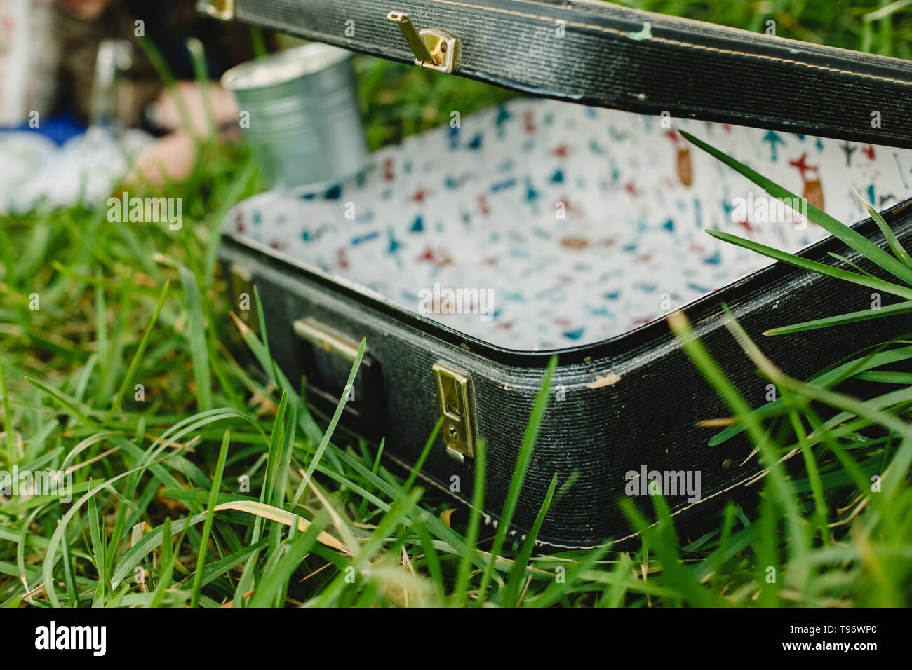 Maleta antigua restaurada, abierta y vacía sobre la hierba Fotografía de  stock - Alamy