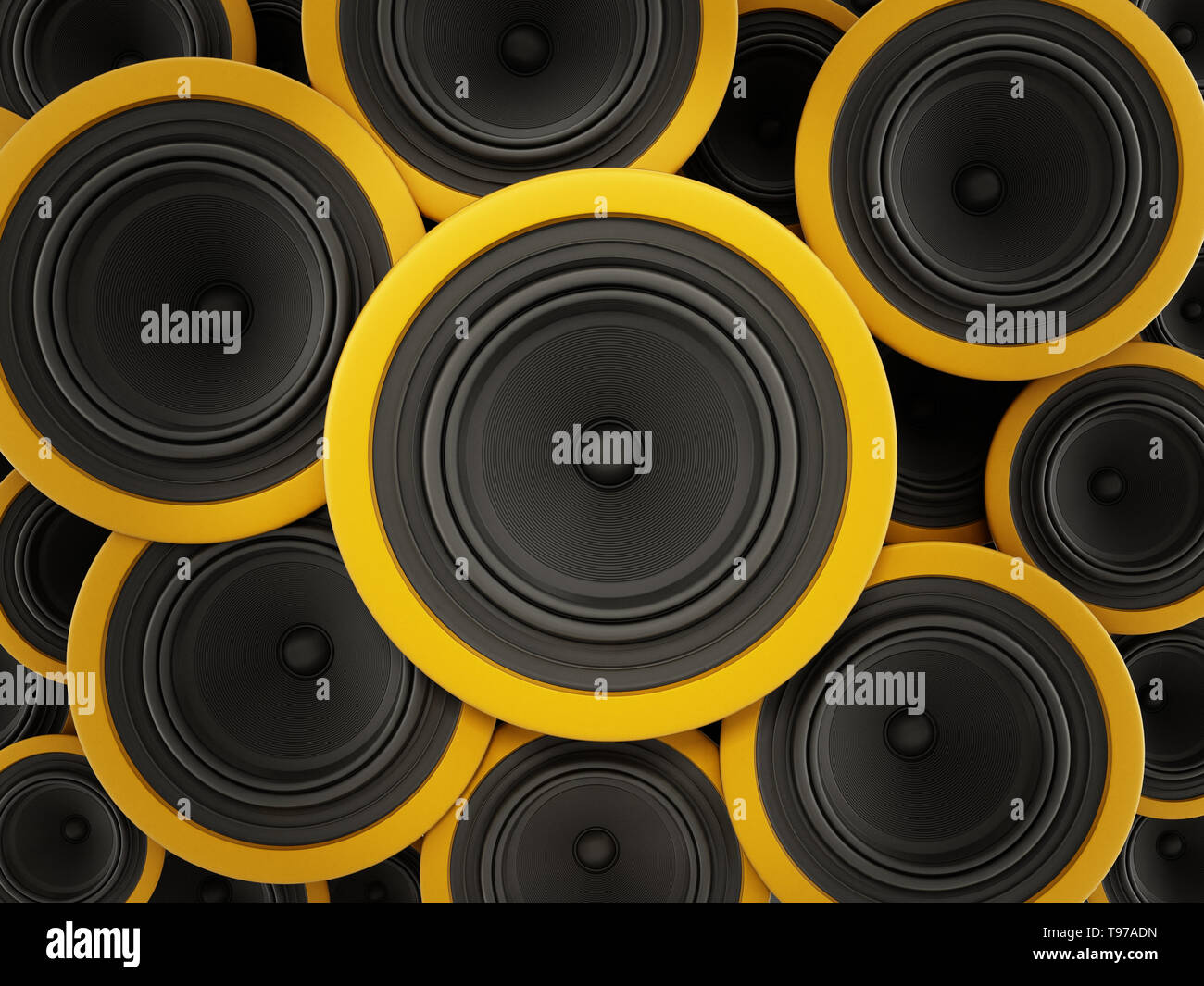 Los oradores de fondo negro y amarillo. Ilustración 3D. Foto de stock