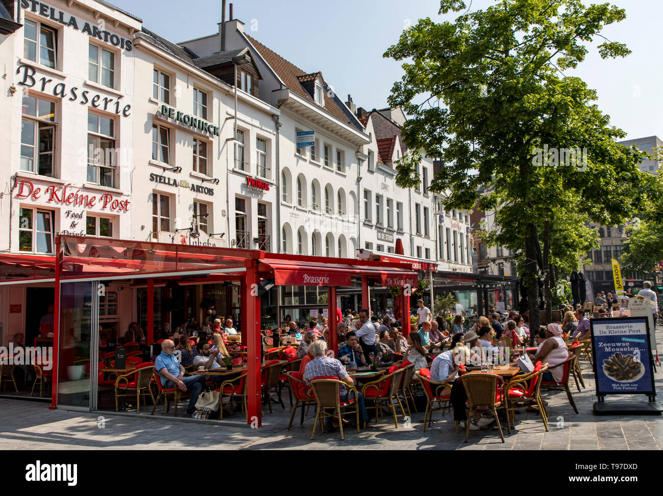 Cafés, bares, restaurantes en Groenplaats, en el centro de la ciudad de Amberes, Flandes, Bélgica Foto de stock
