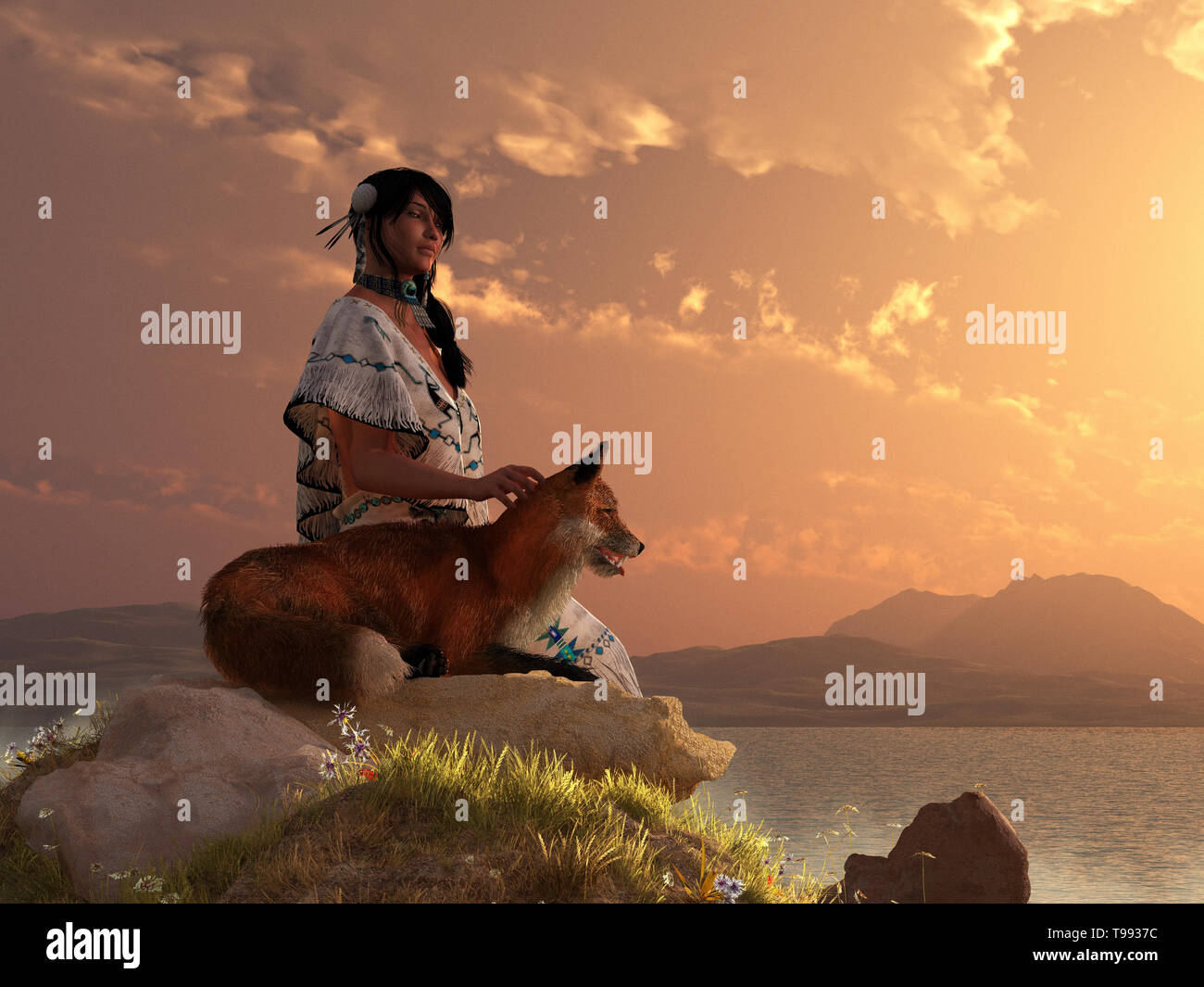 Una mujer americana nativa se asienta sobre una colina rocosa con vistas a  un lago sereno. Junto a ella se sienta a su compañero, un zorro Fotografía  de stock - Alamy