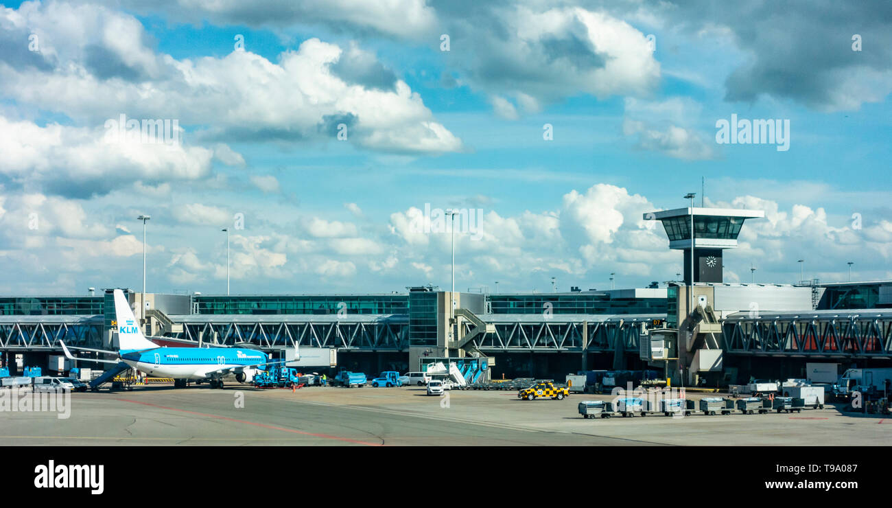 El exterior del aeropuerto de Schiphol, Amsterdam, Países Bajos, mostrando  un avión KLM Boeing 737-8BK omn el delantal, vehículos de apoyo, carritos de  equipaje Fotografía de stock - Alamy