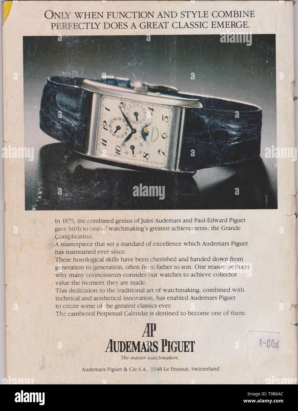 Cartel de publicidad AP Audemars Piguet mira en la revista desde 1992, el maestro relojeros eslogan, anuncio Foto de stock