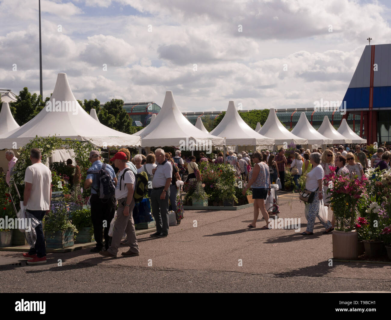 Las multitudes que asisten a una BBC Mundo jardineros mostrar fuera en el sol en NEC, Birmingham, Reino Unido. Foto de stock