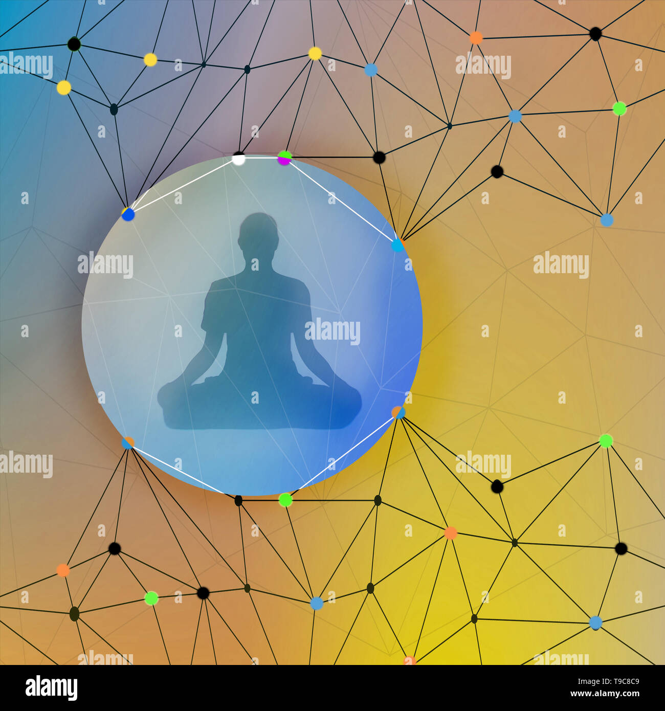 Concepto de imagen a un hombre meditando en una burbuja rodeado y conectados por estructura molecular representando la interconexión Foto de stock