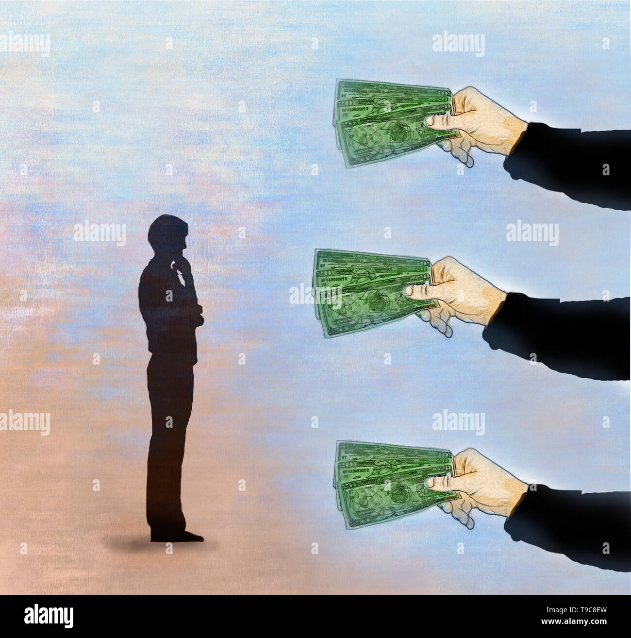 Concepto de imagen tres manos ofreciendo dinero a un hombre que está pensando representando la adopción de decisiones financieras Foto de stock