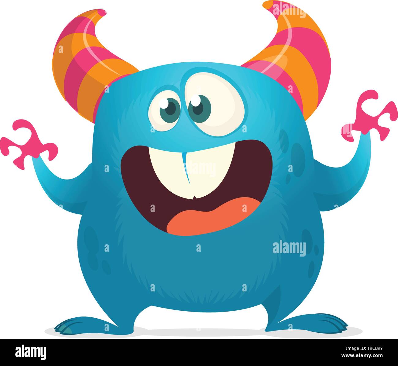 Divertida caricatura monstruo con dientes grandes. Blue Monster ilustración  vectorial con las manos arriba. Diseño de Halloween Imagen Vector de stock  - Alamy
