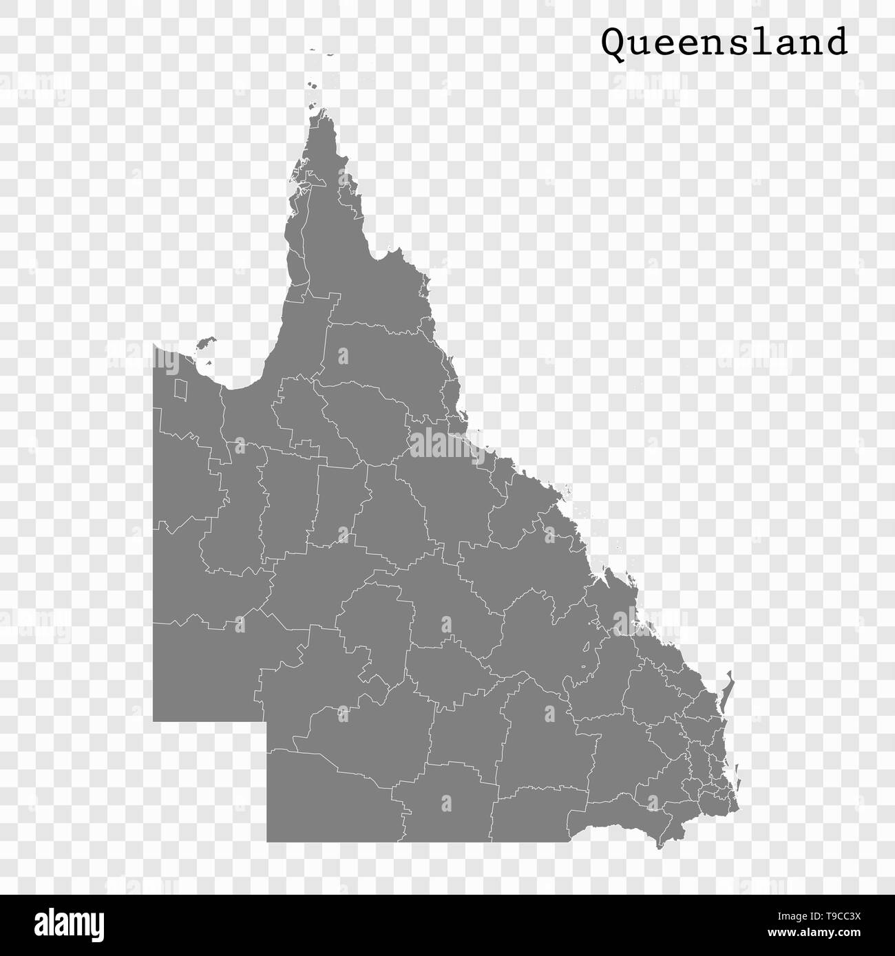 Mapa de alta calidad de Queensland es un estado de Australia, con los bordes de las zonas de gobierno local. Ilustración del Vector