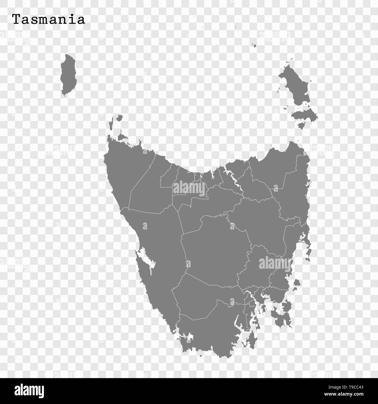 Mapa de alta calidad de Tasmania es un estado de Australia, con los bordes de las zonas de gobierno local. Ilustración del Vector