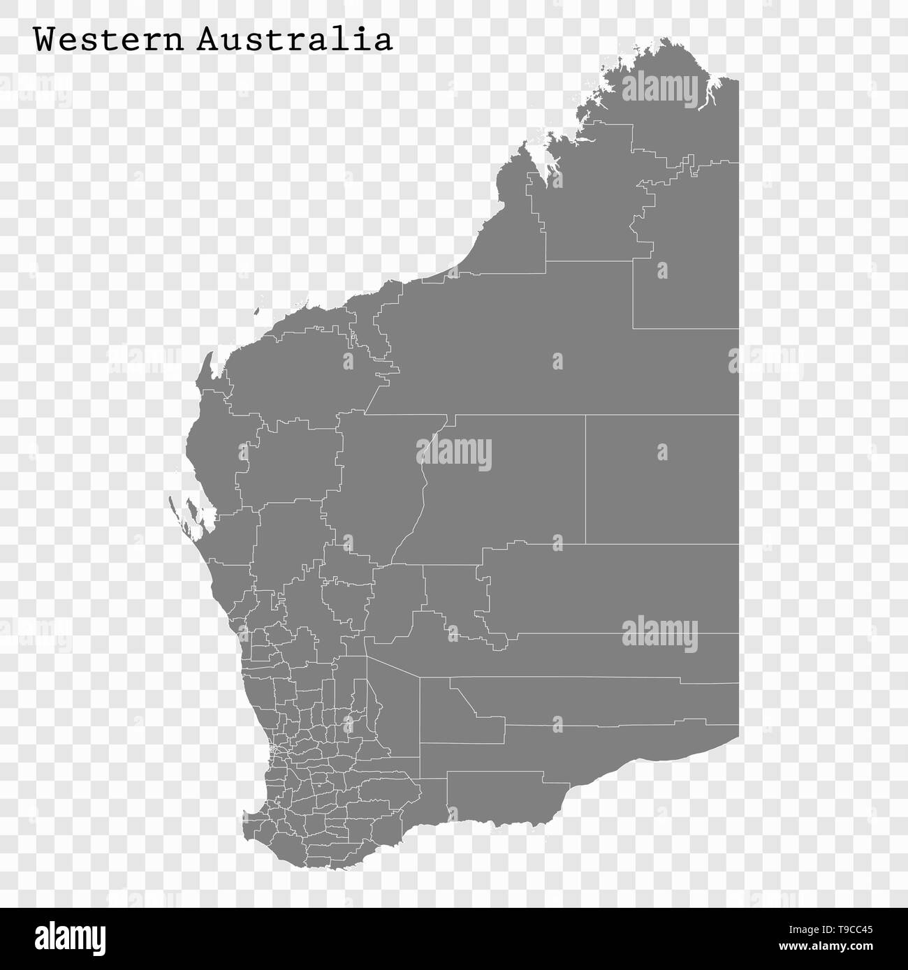 Mapa de alta calidad de Australia Occidental es un estado de Australia, con los bordes de las zonas de gobierno local. Ilustración del Vector