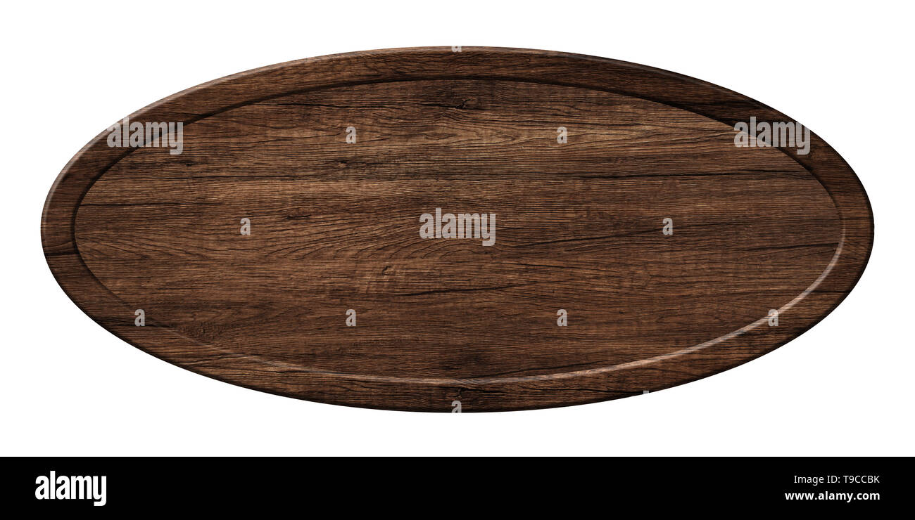 Placa oval vacía hecha de madera oscura con armadura de madera. Aislado sobre fondo blanco. Foto de stock