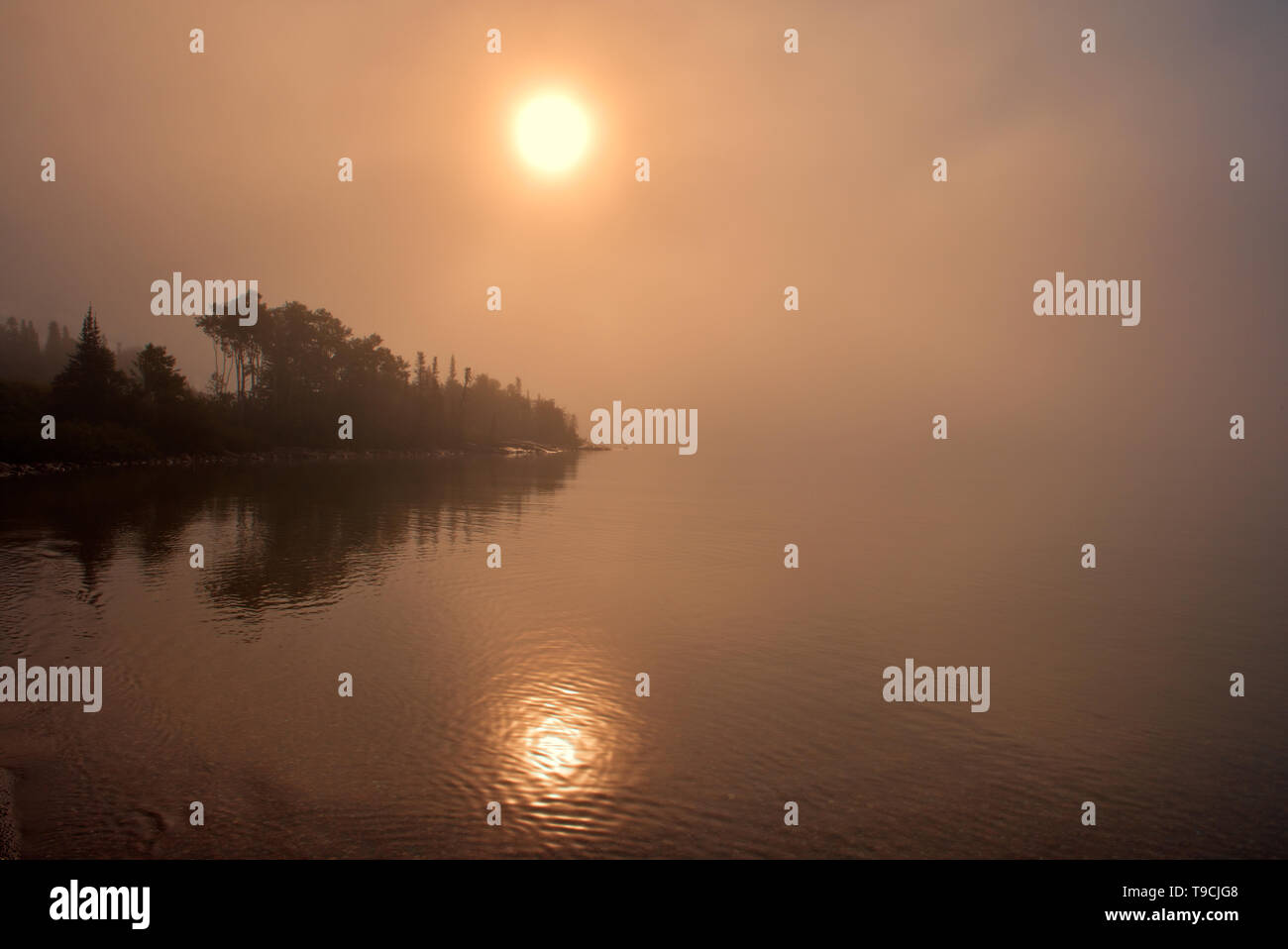 Niebla en el Lago Superior al amanecer Rossport en Ontario, Canadá Foto de stock