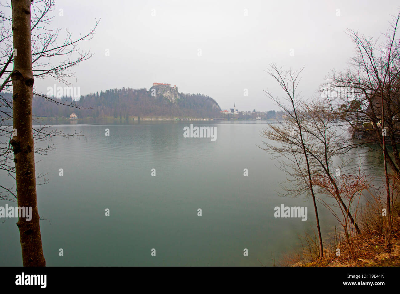 Lago Bled en un día lluvioso, Eslovenia Foto de stock