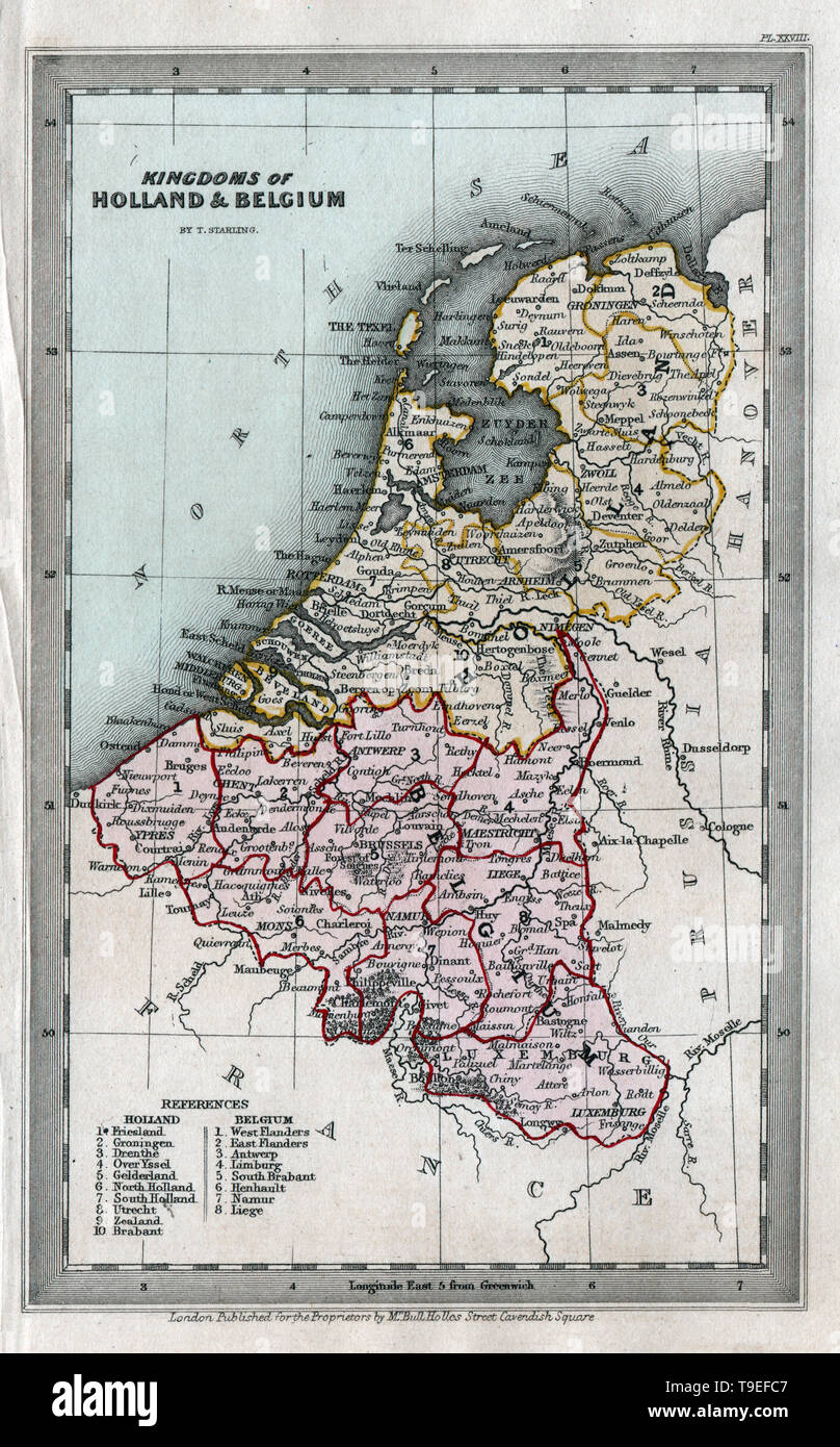 1834 Starling Mapa mostrando los Países Bajos de Holanda, Bélgica y Luxemburgo. Foto de stock