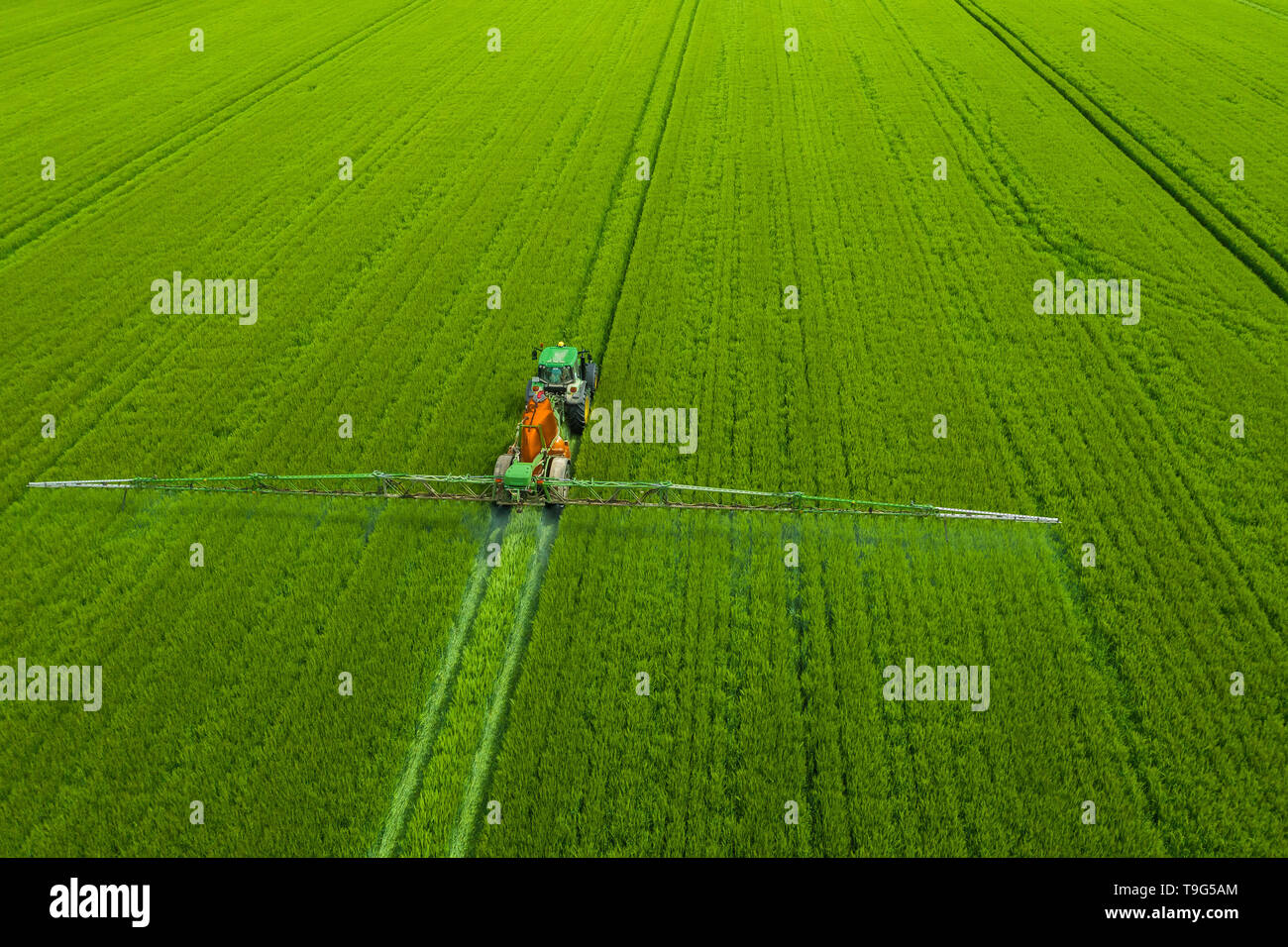 Rusia, Gaymanovskaya - Mayo 12, 2019: Un tractor en el campo. La agricultura moderna. El uso de las nuevas tecnologías en la agricultura. Vista aérea. Foto de stock