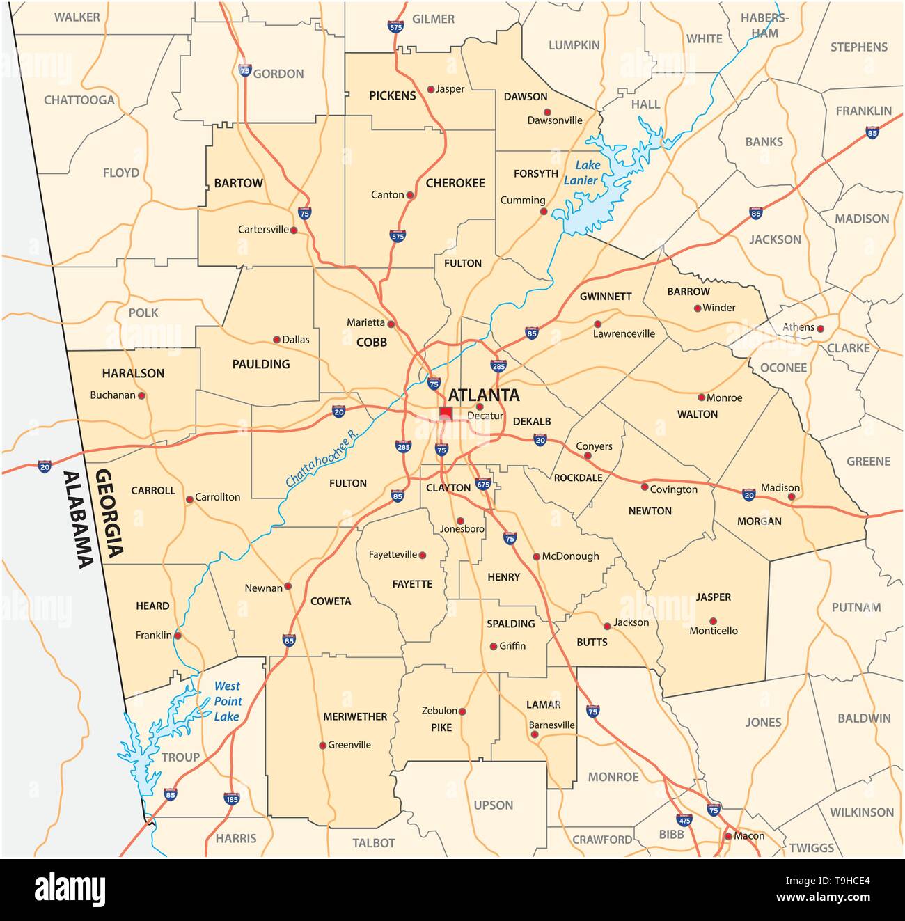 Mapa político y administrativo del área metropolitana de Atlanta Imagen Vector de stock