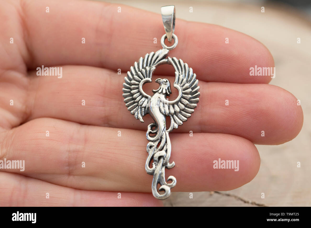 Ave Fénix de plata colgante en detalle macro de mano femenina Fotografía de  stock - Alamy