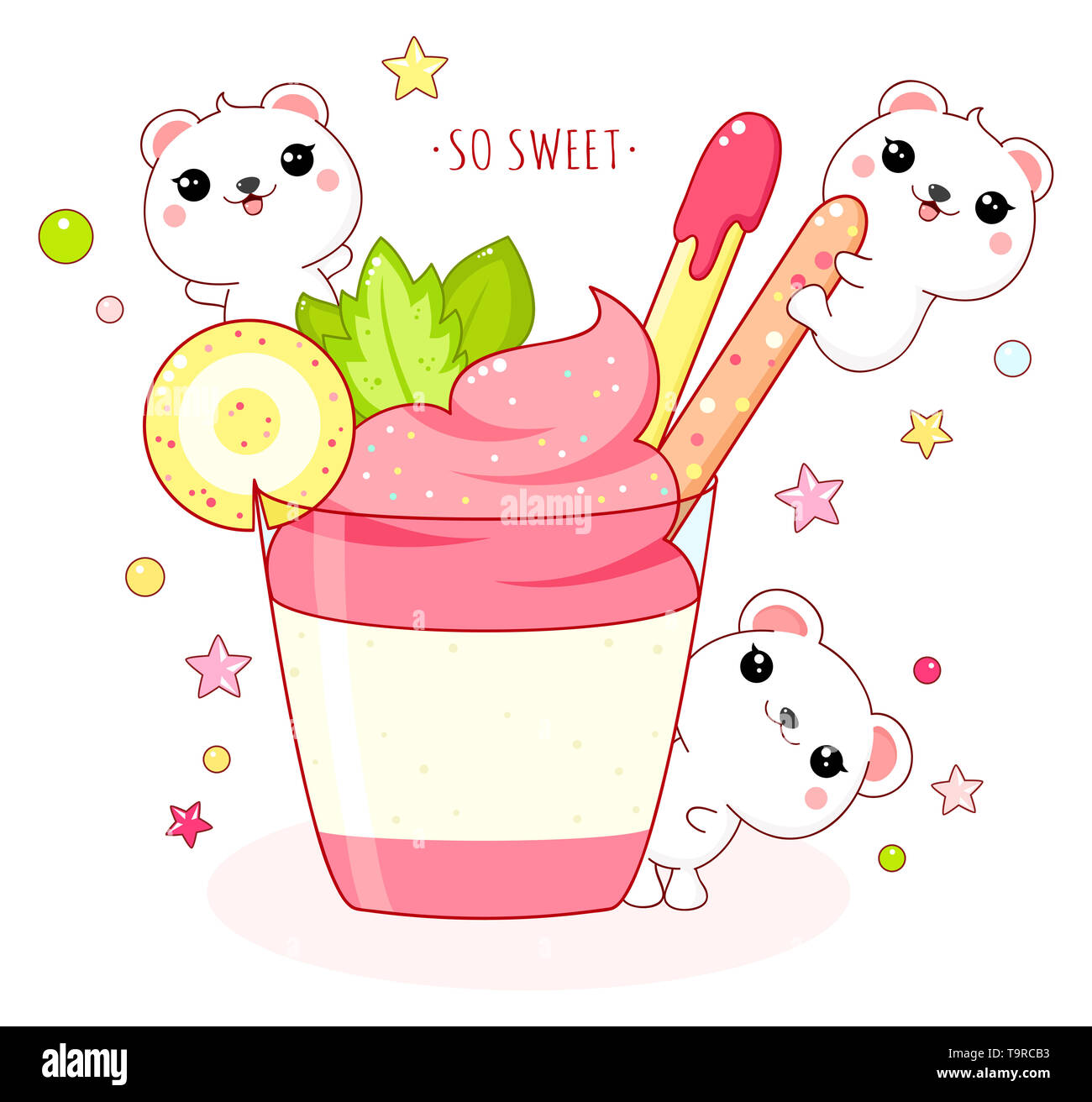 Cute yummy tarjeta en estilo kawaii. Adorable oso polar con helado de  fresa. Inscripción tan dulce. EPS8 Fotografía de stock - Alamy