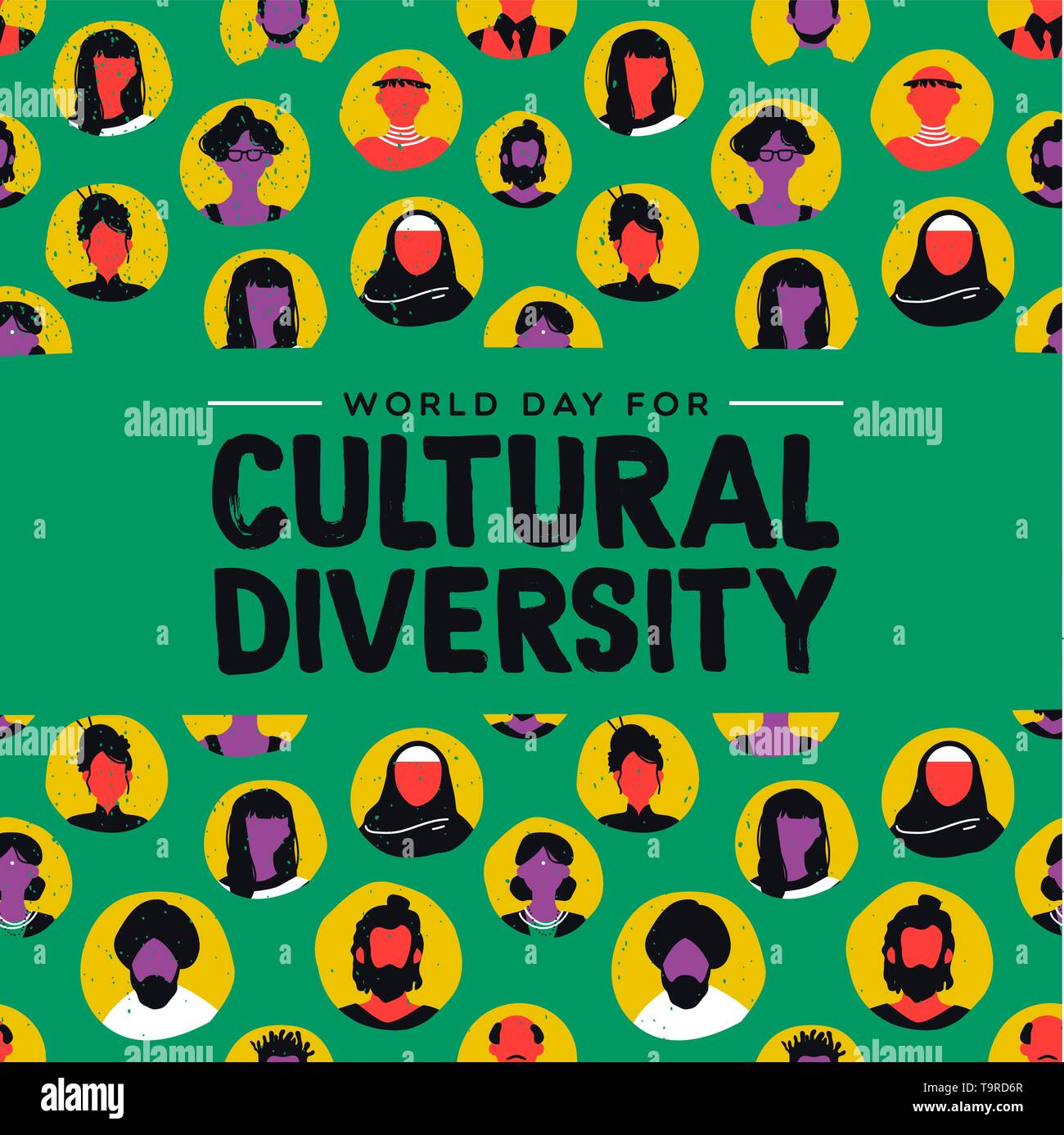 Día de la diversidad cultural la ilustración de tarjetas de felicitación. Grupo social diversa de personas incluye musulmana, africana, asiática y americana y las culturas. Ilustración del Vector