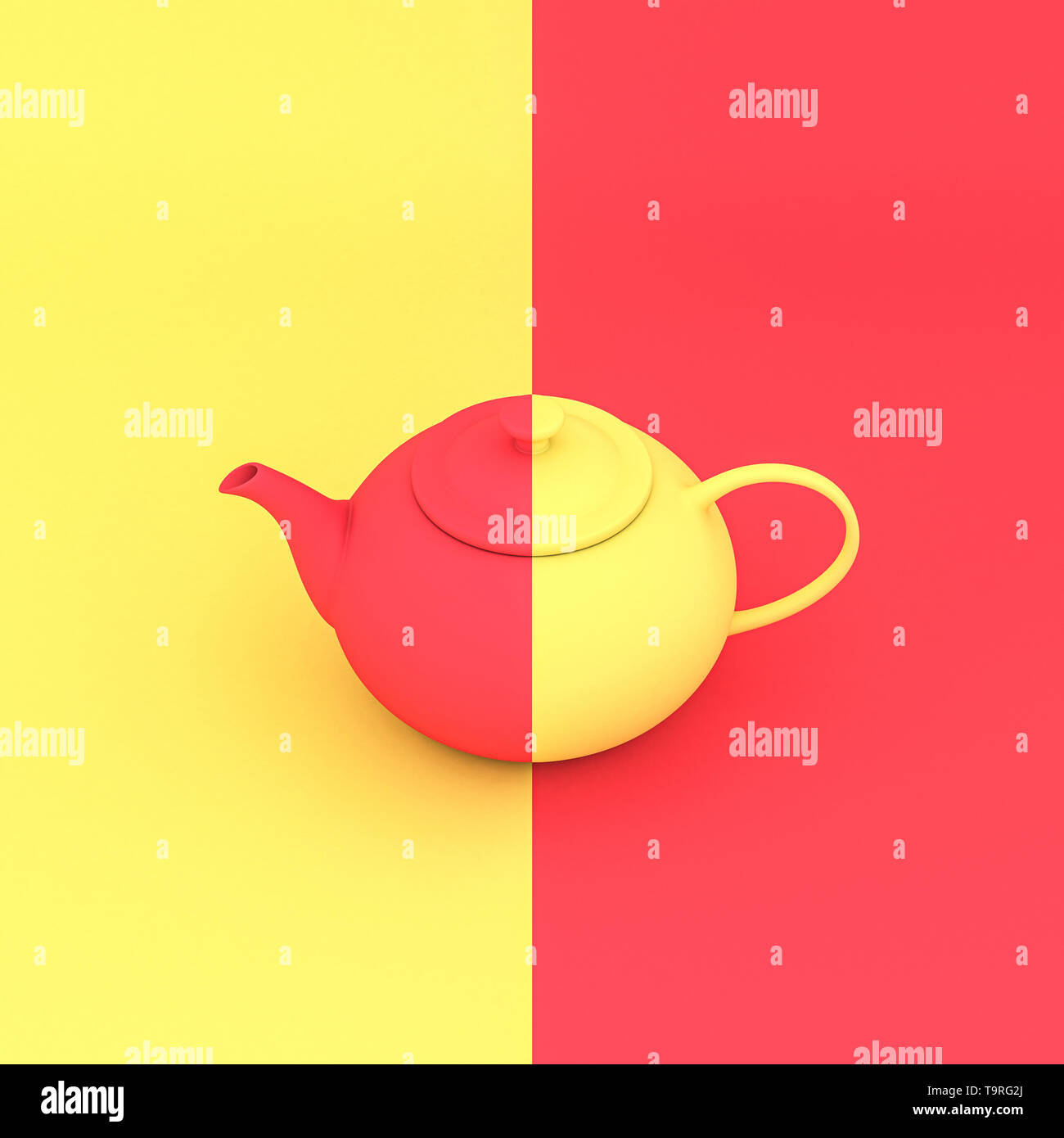 3D Render imagen de un clásico amarillo y coral, tetera, que contrasta con el fondo del mismo color. Foto de stock