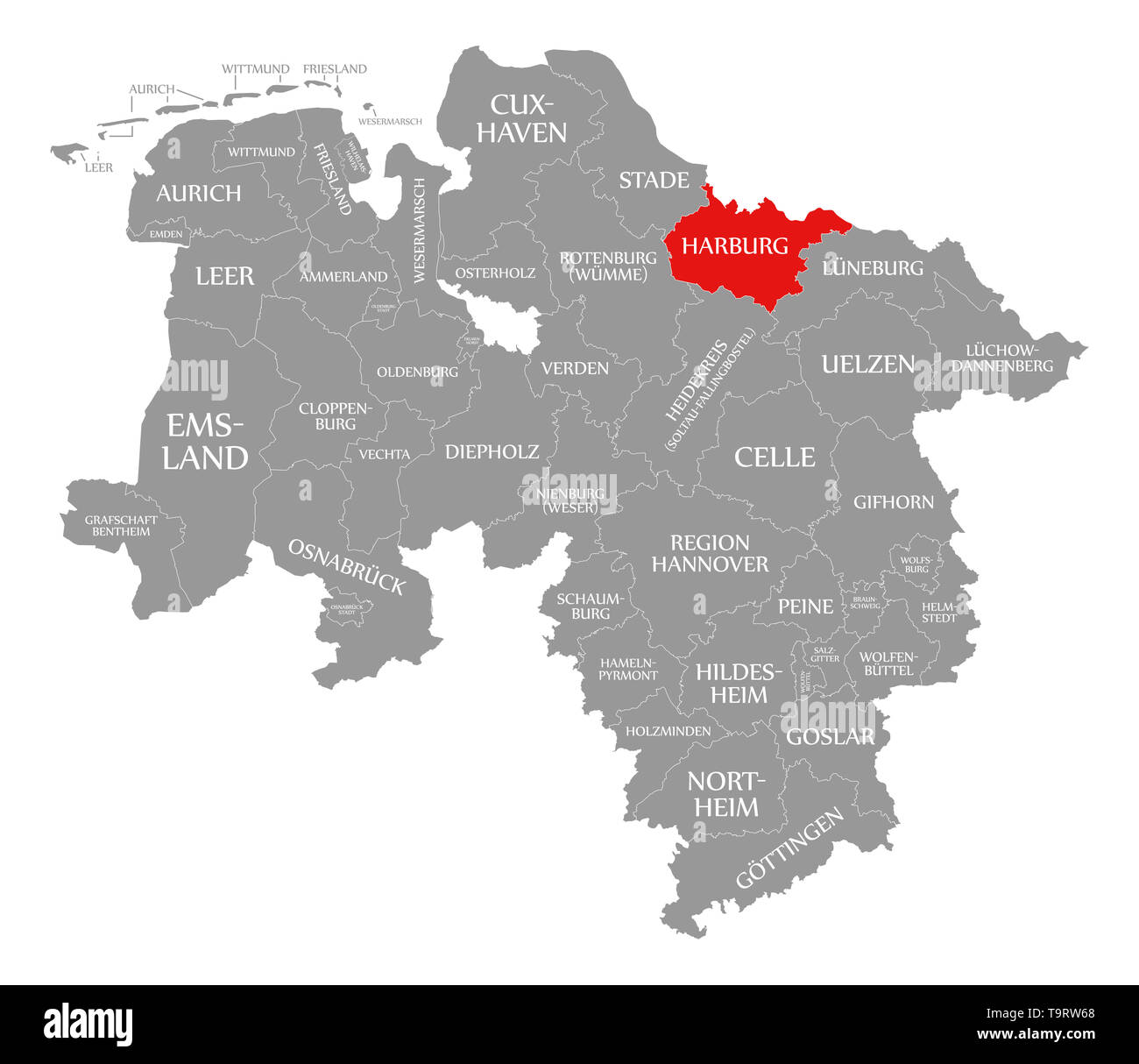 Harburg county resaltada en rojo en el mapa de Baja Sajonia Alemania Foto de stock