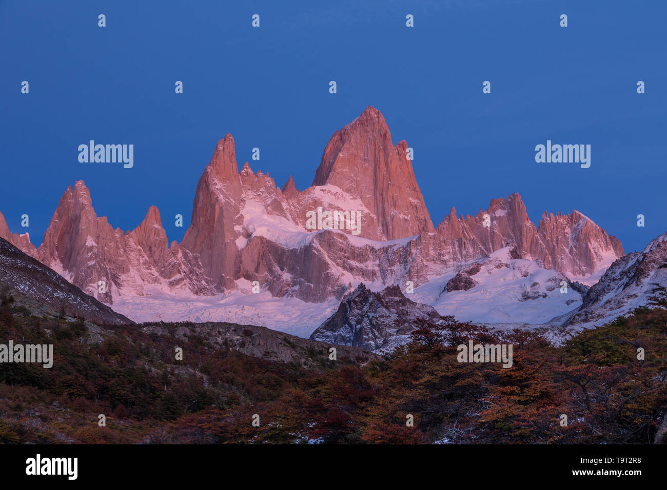 El macizo Fitz Roy en pastel pre-amanecer crepúsculo matutino. Parque Nacional Los Glaciares, cerca de El Chaltén, Argentina. Un sitio de Patrimonio Mundial de la UNESCO en th Foto de stock