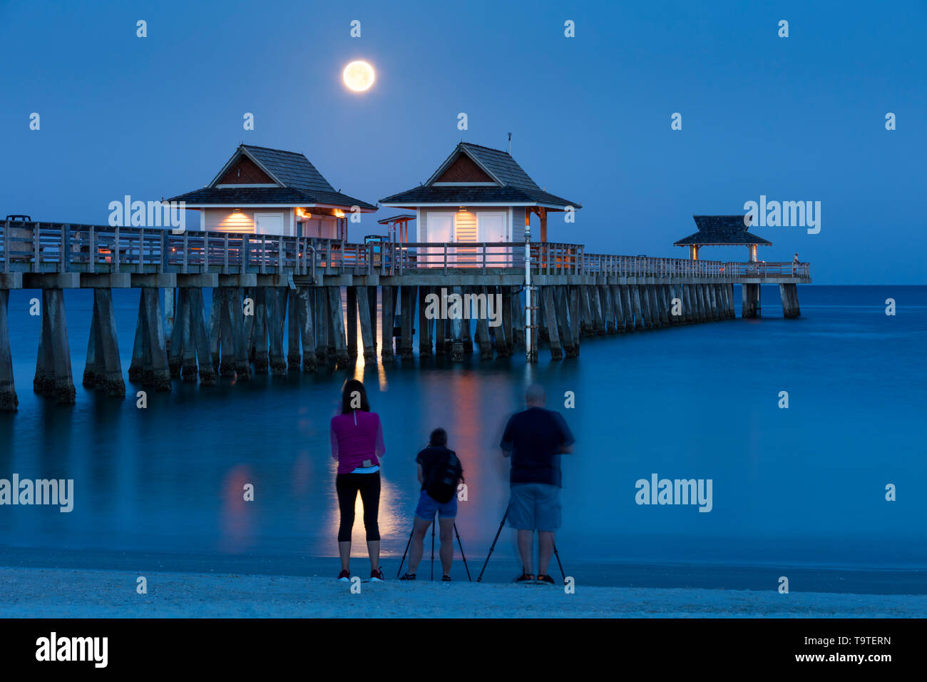 Los fotógrafos capturar la configuración Luna Llena y crepúsculo matutino sobre el muelle de Nápoles, Naples, Florida, EE.UU. Foto de stock