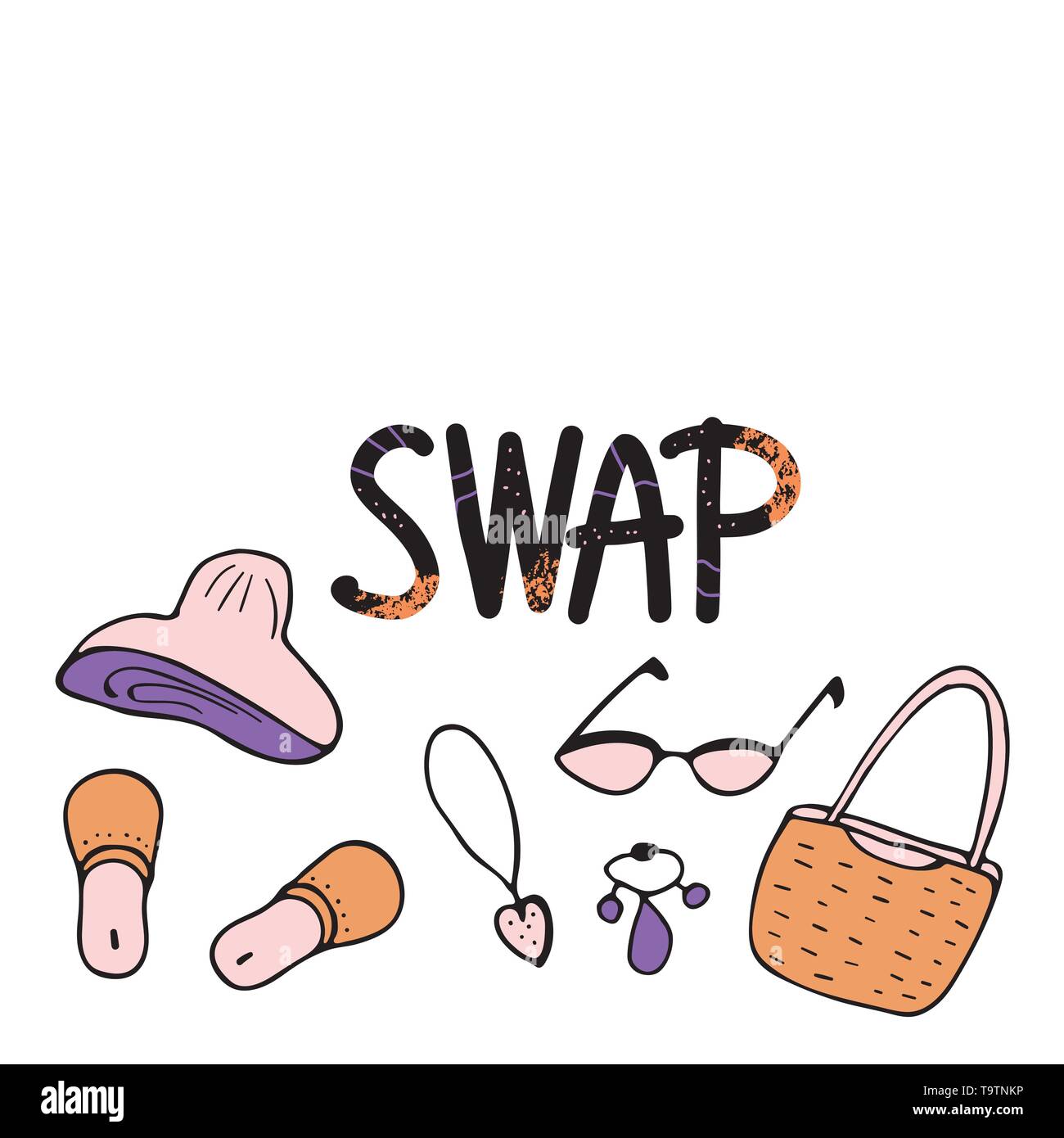 Concepto de swap. Hand lettering con decoración al del doodle. Presupuesto ropa, zapatos y accesorios el evento de intercambio. Frase manuscrita con la moda de Imagen Vector de stock -