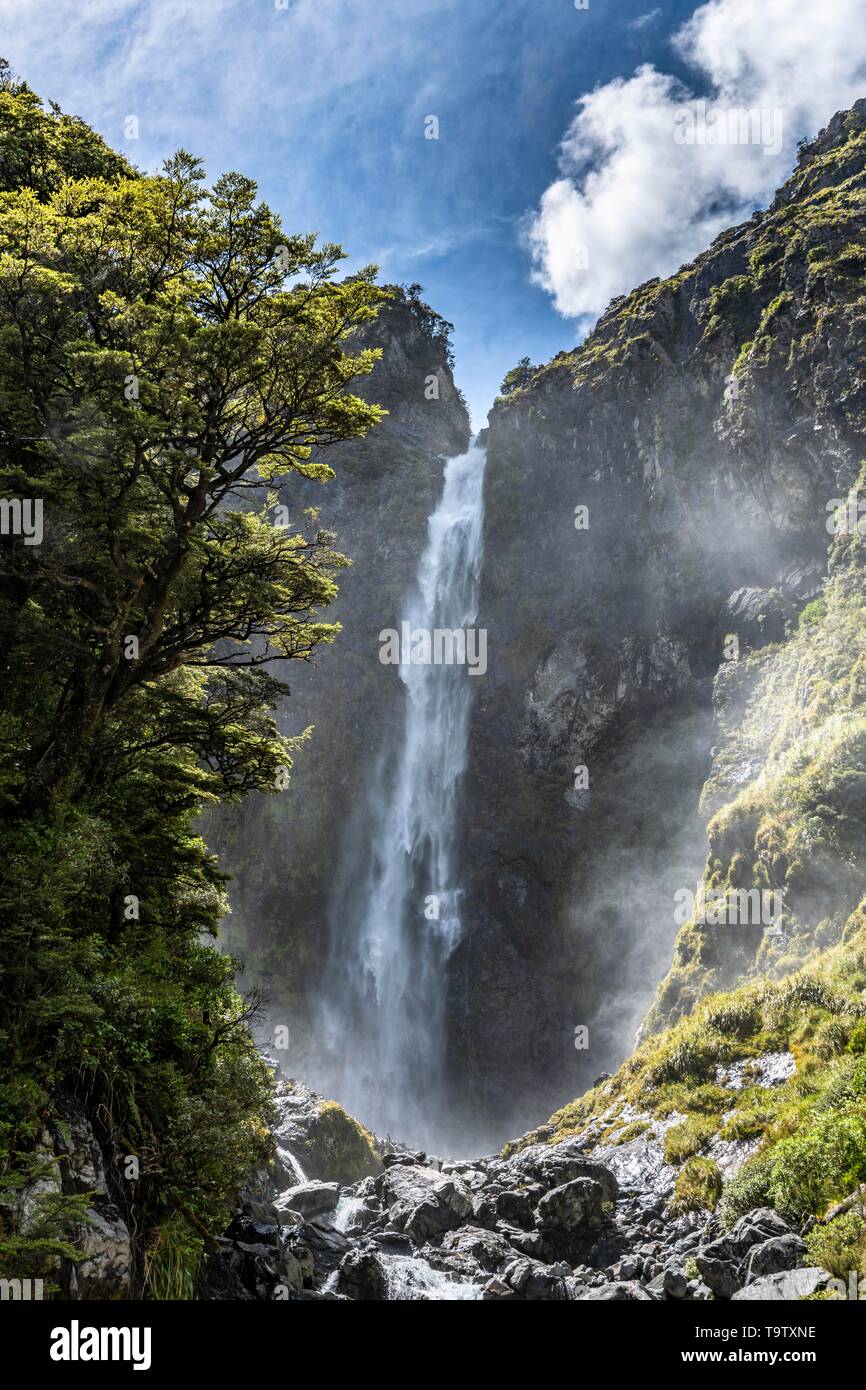 Devil's Punchbowl Cascada, Arthur's Pass National Park, Región Canterburry, Isla del Sur, Nueva Zelanda Foto de stock