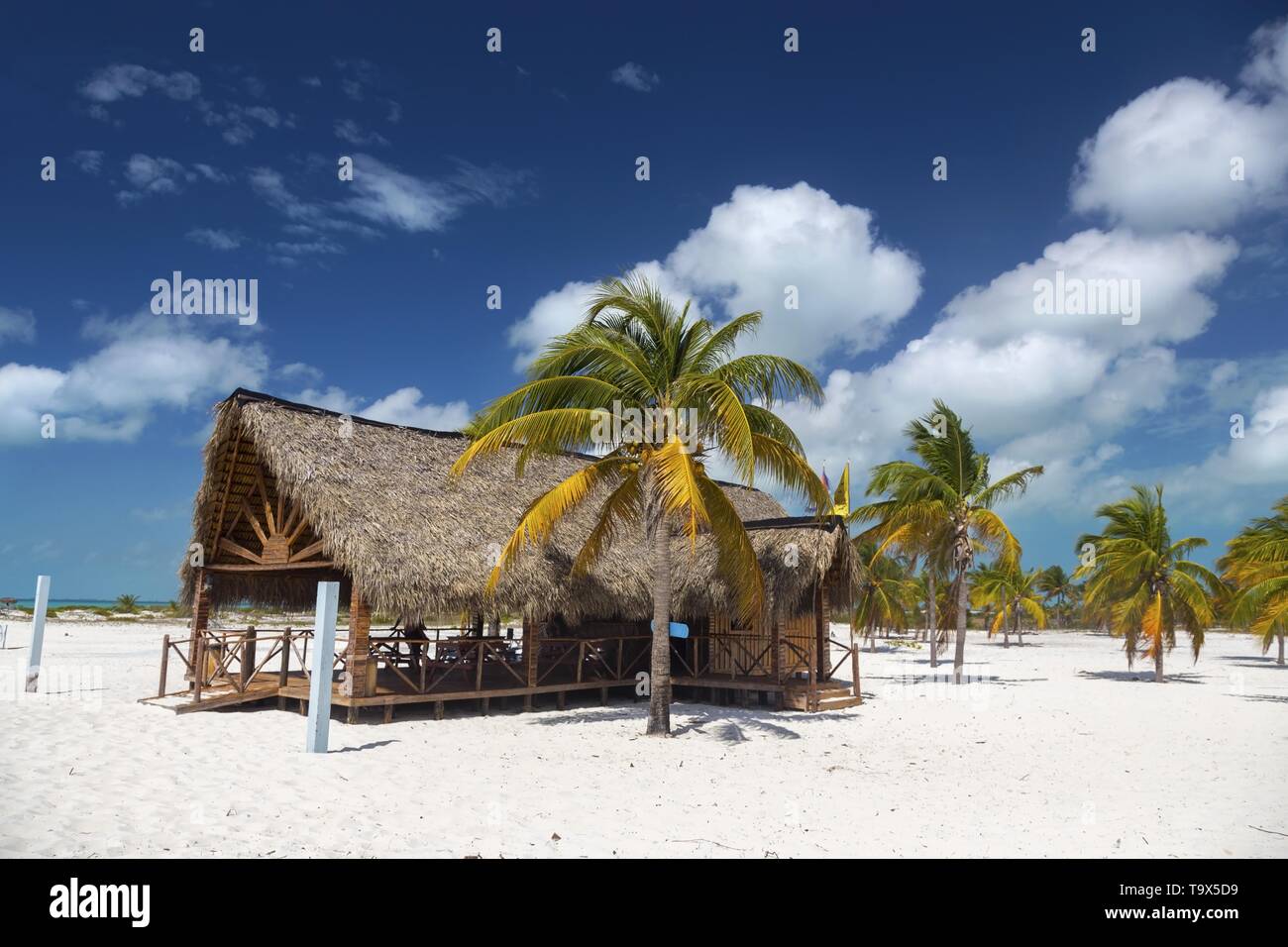 Cabaña de madera en la playa Bar y Restaurante Grill en la Playa Sirena playa tropical en Cayo Largo del Sur Complejo Turístico Mar Caribe Costa Cubana Foto de stock