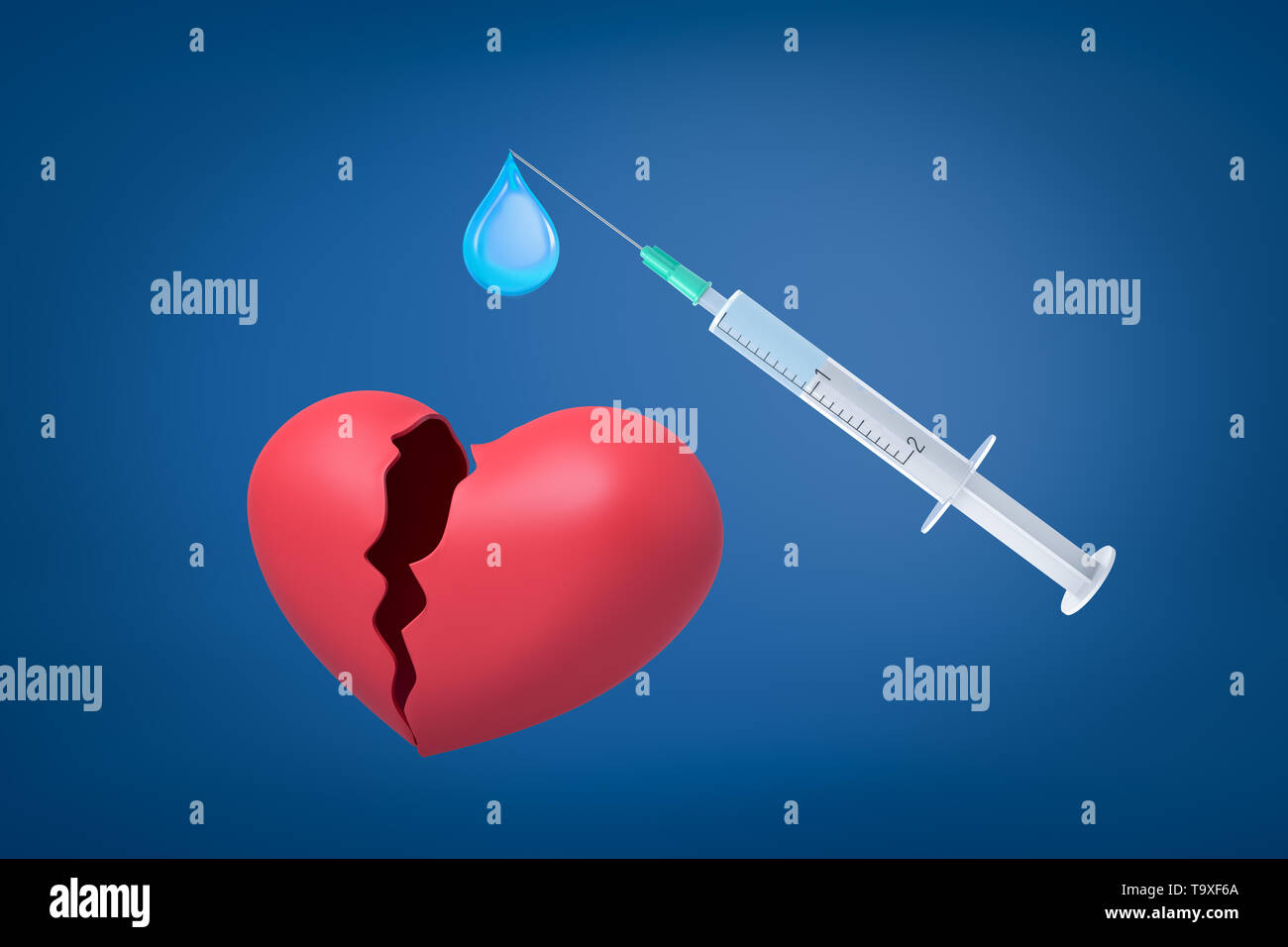 3D rendering de rojo corazón roto y un médico jeringa con una gota de líquido azul sobre fondo azul. Foto de stock