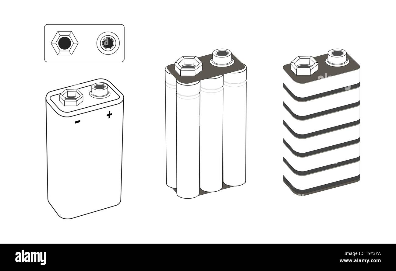 De níquel de 9 voltios, con pilas alcalinas o batería de litio scheme.  Dentro de la batería. Ilustración vectorial aislados Imagen Vector de stock  - Alamy